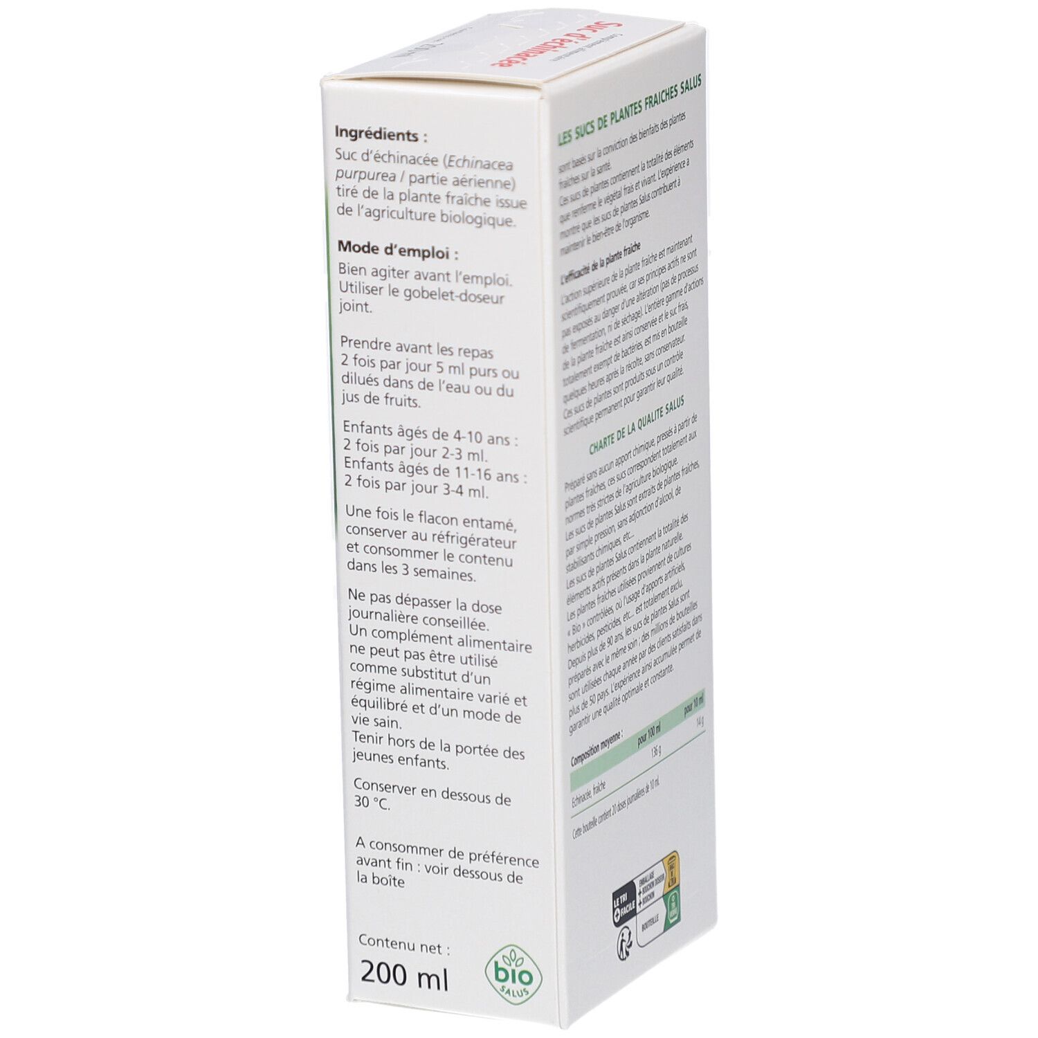 Boîte blanche, texte sur le côté. Mode d'emploi. Recommandations de dosage. 200 ml. Label bio.
