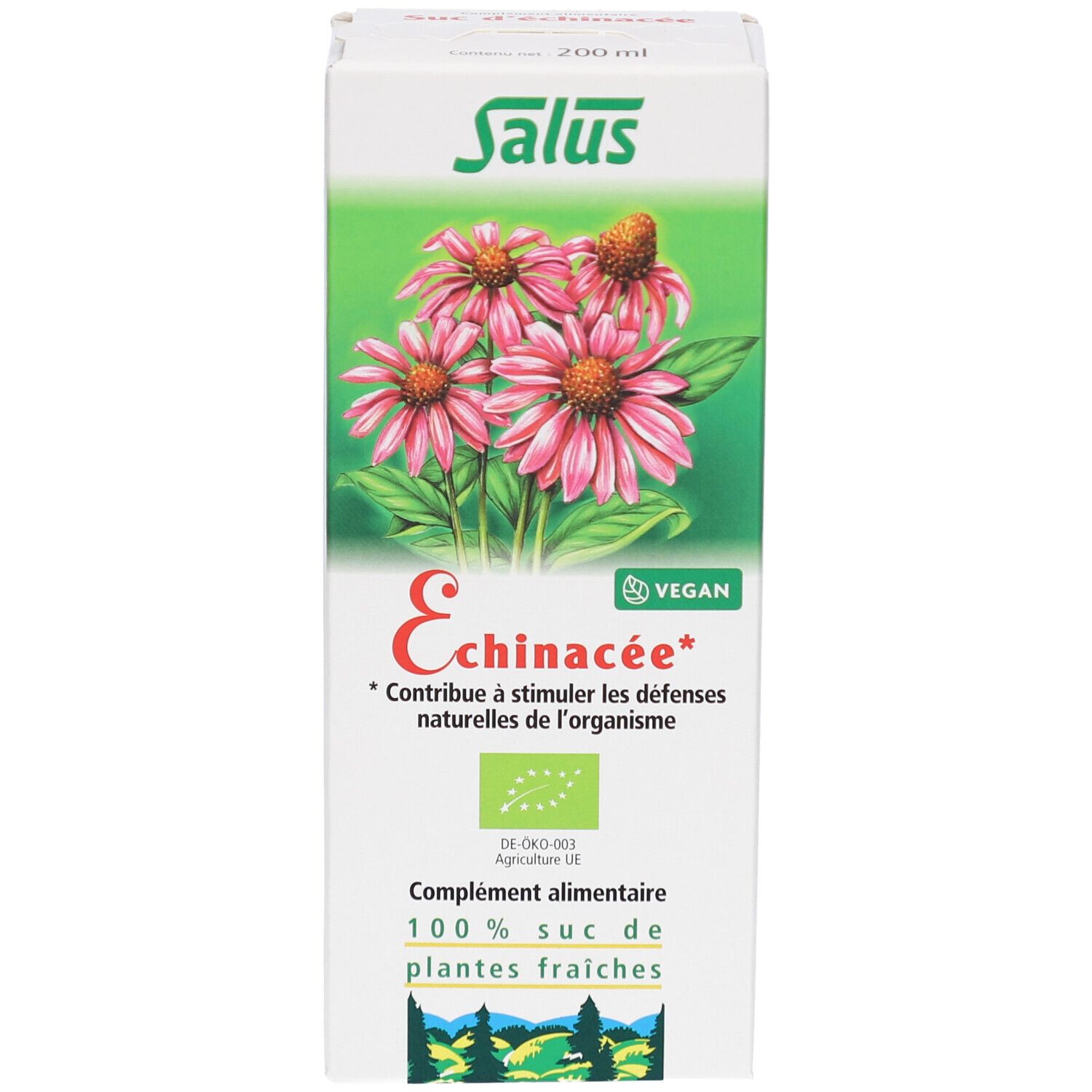Boîte blanche avec image et texte du produit. Logo Salus. Produit Echinacée. Label Vegan. Certification bio. 200 ml.