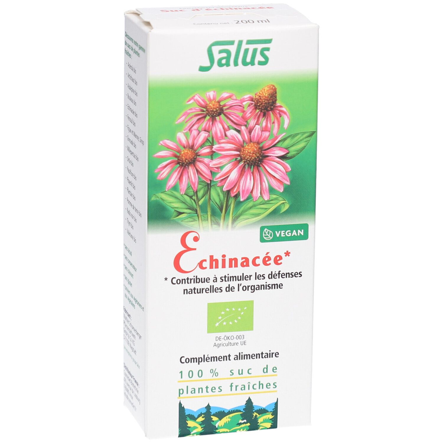 Boîte blanche avec image et texte du produit. Logo Salus. Produit Echinacée. Label Vegan. Certification bio. 200 ml.