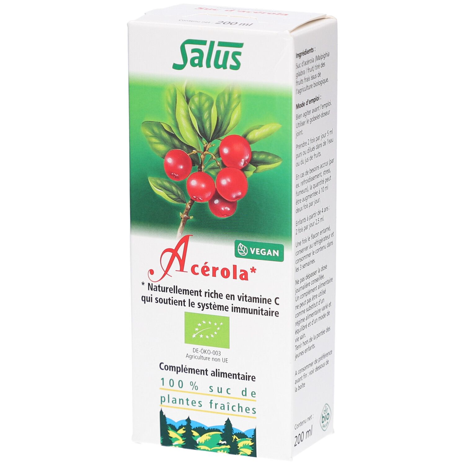 Boîte de complément alimentaire Acerola Salus. Illustration de fruits rouges et feuilles. Label bio et vegan. 100% jus de plantes fraîches.