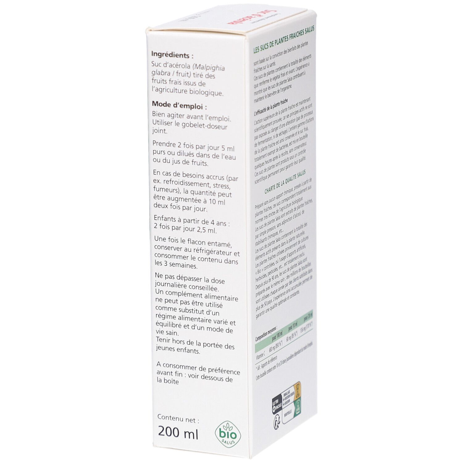 Côté de la boîte. Ingrédients, mode d'emploi. Contenu 200 ml. Label bio.