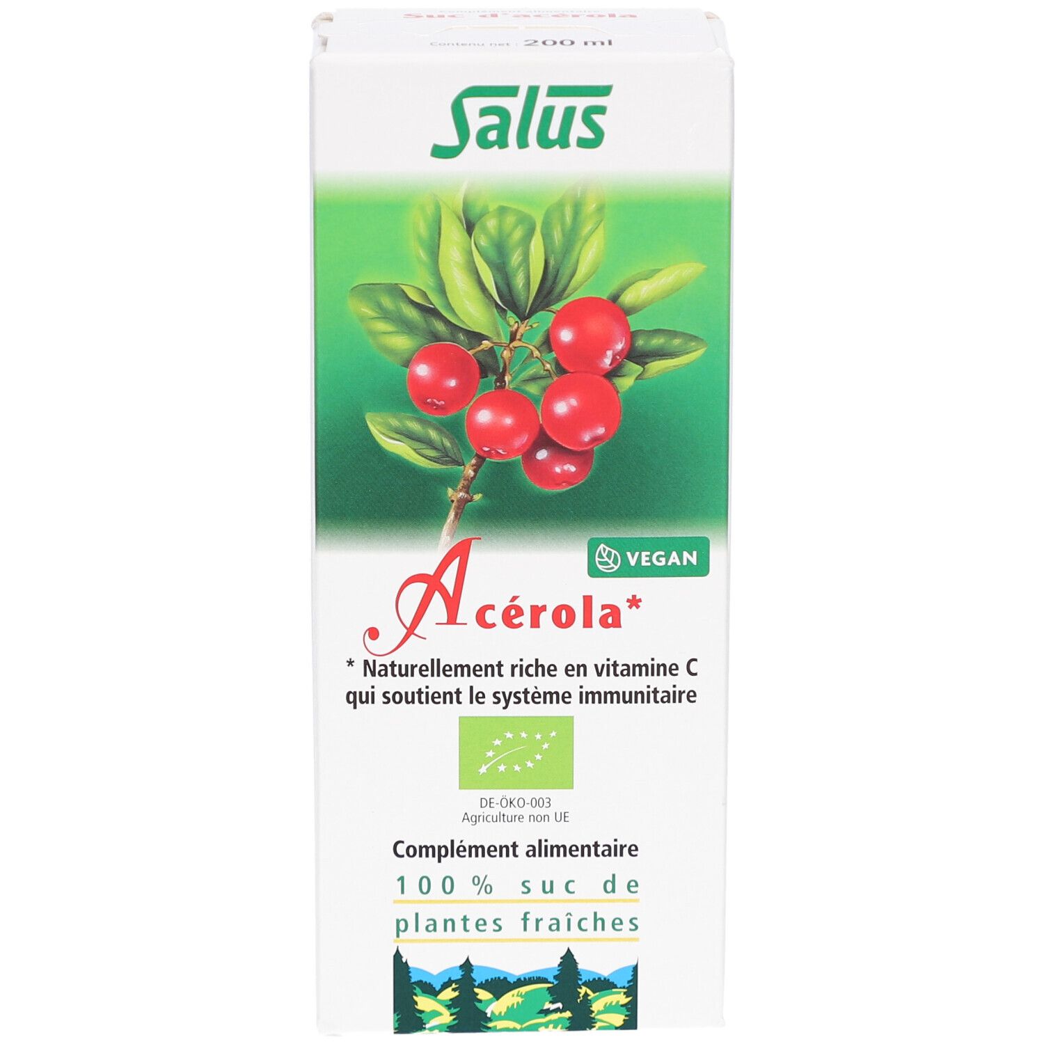 Face avant de la boîte. Acerola Salus, vegan, label bio. 100% jus de plantes fraîches.