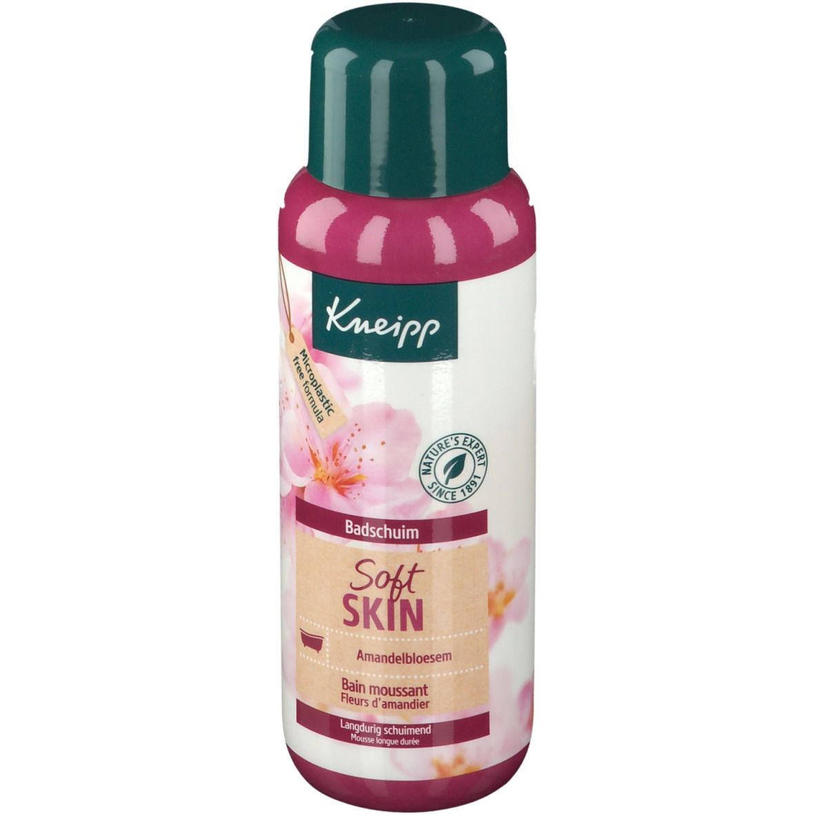 Flacon Kneipp® Soft Skin Bain moussant Fleurs d'amandier. Étiquette rose et blanche, bouchon vert. Inscription : Badschuim, Mandelbloesem.
