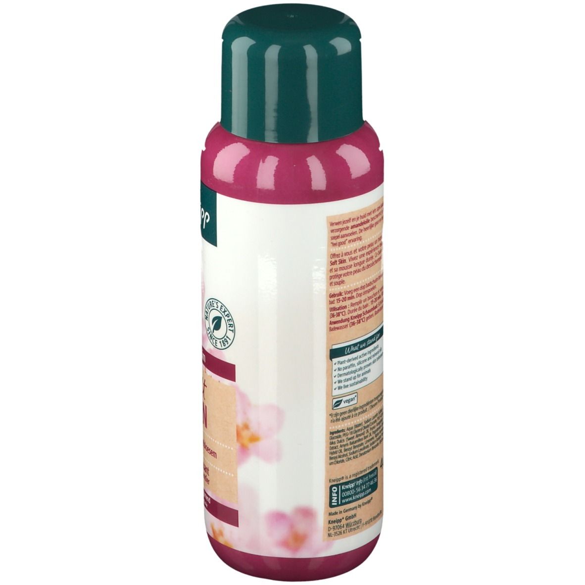 Dos du flacon Kneipp® Soft Skin Bain moussant Fleurs d'amandier. Texte et logos sur fond blanc. Bouchon vert.