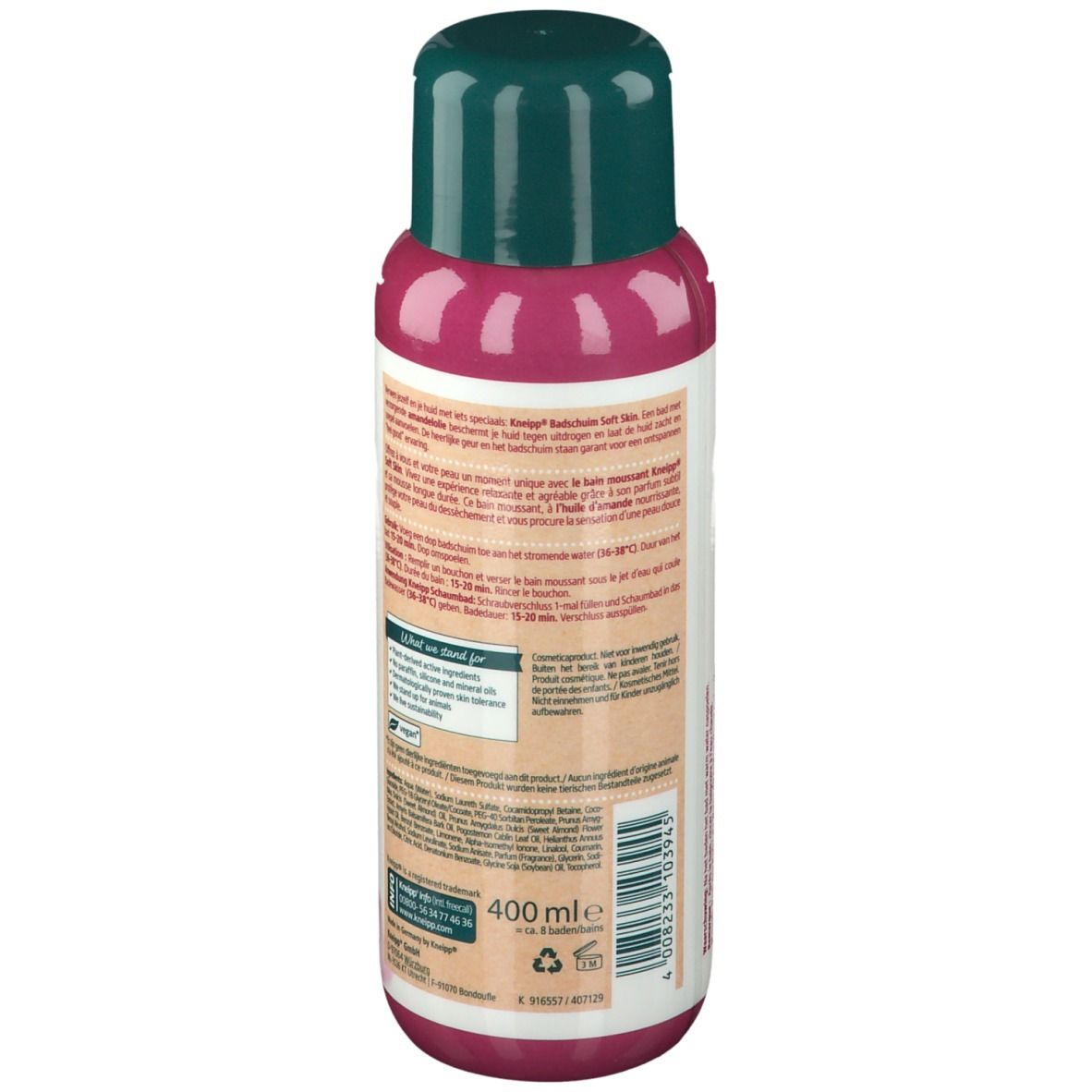 Dos du flacon Kneipp® Soft Skin Bain moussant Fleurs d'amandier. Texte, logos et volume 400 ml. Bouchon vert.