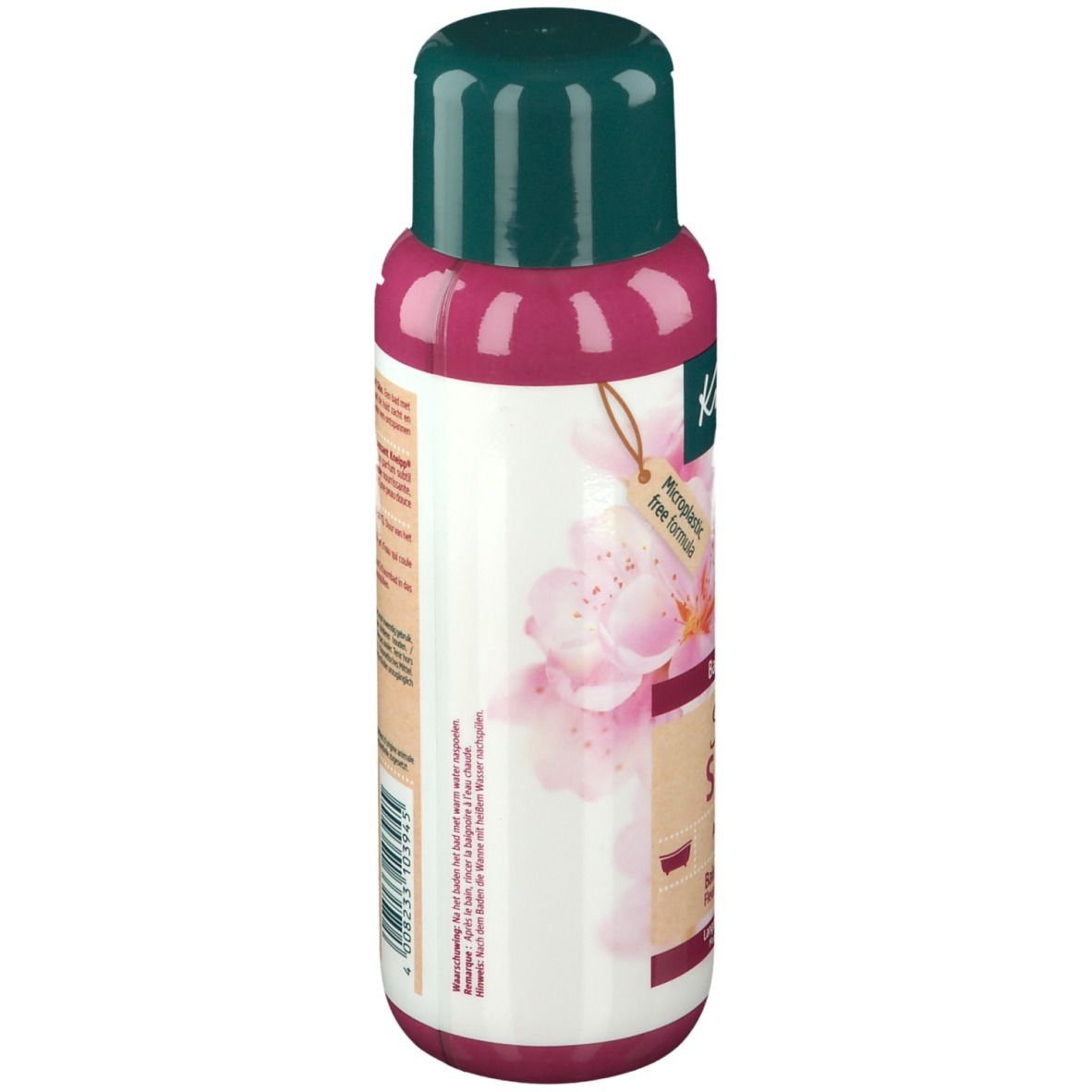 Flacon Kneipp® Soft Skin Bain moussant Fleurs d'amandier. Étiquette rose et blanche, bouchon vert. Inscription : Badschuim, Mandelbloesem.