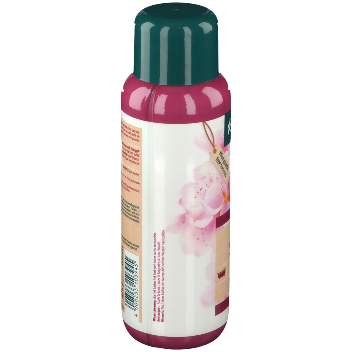 Dos du flacon Kneipp® Soft Skin Bain moussant Fleurs d'amandier. Texte et logos sur fond blanc. Bouchon vert.