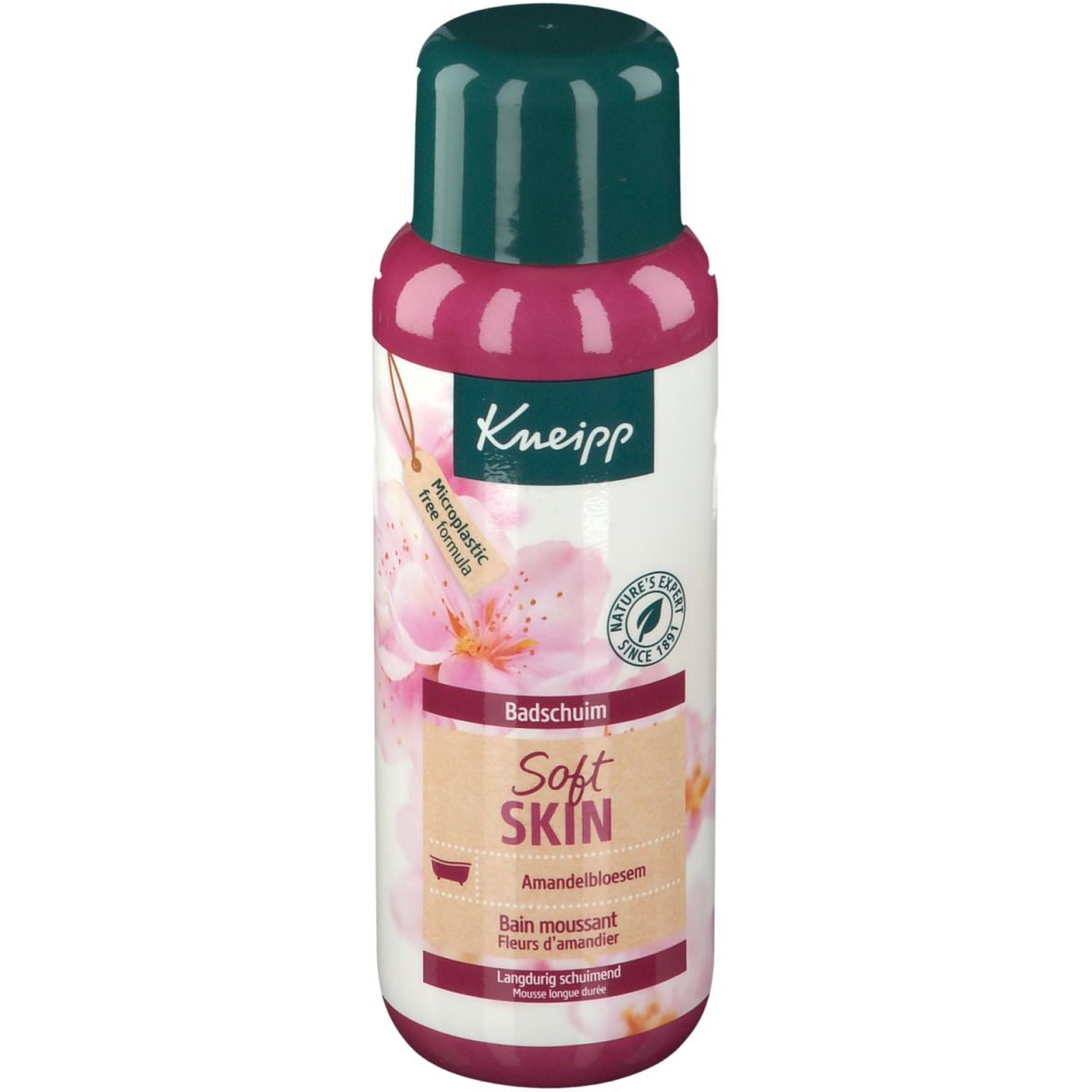 Flacon Kneipp® Soft Skin Bain moussant Fleurs d'amandier. Étiquette rose et blanche, bouchon vert. Inscription : Badschuim, Mandelbloesem.