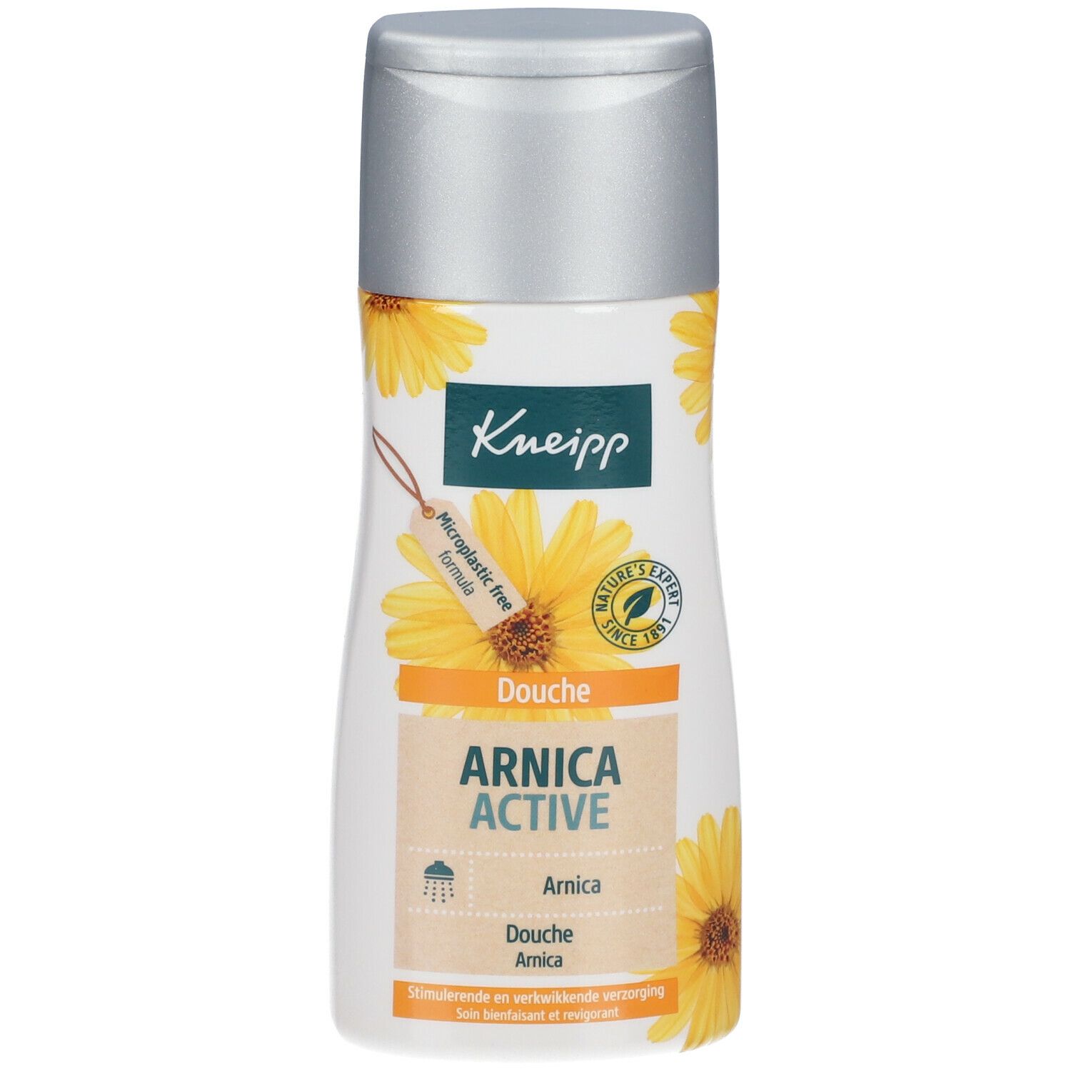Flacon blanc transparent, bouchon argenté. Inscription Kneipp, Arnica Active Douche. Fleurs jaunes.