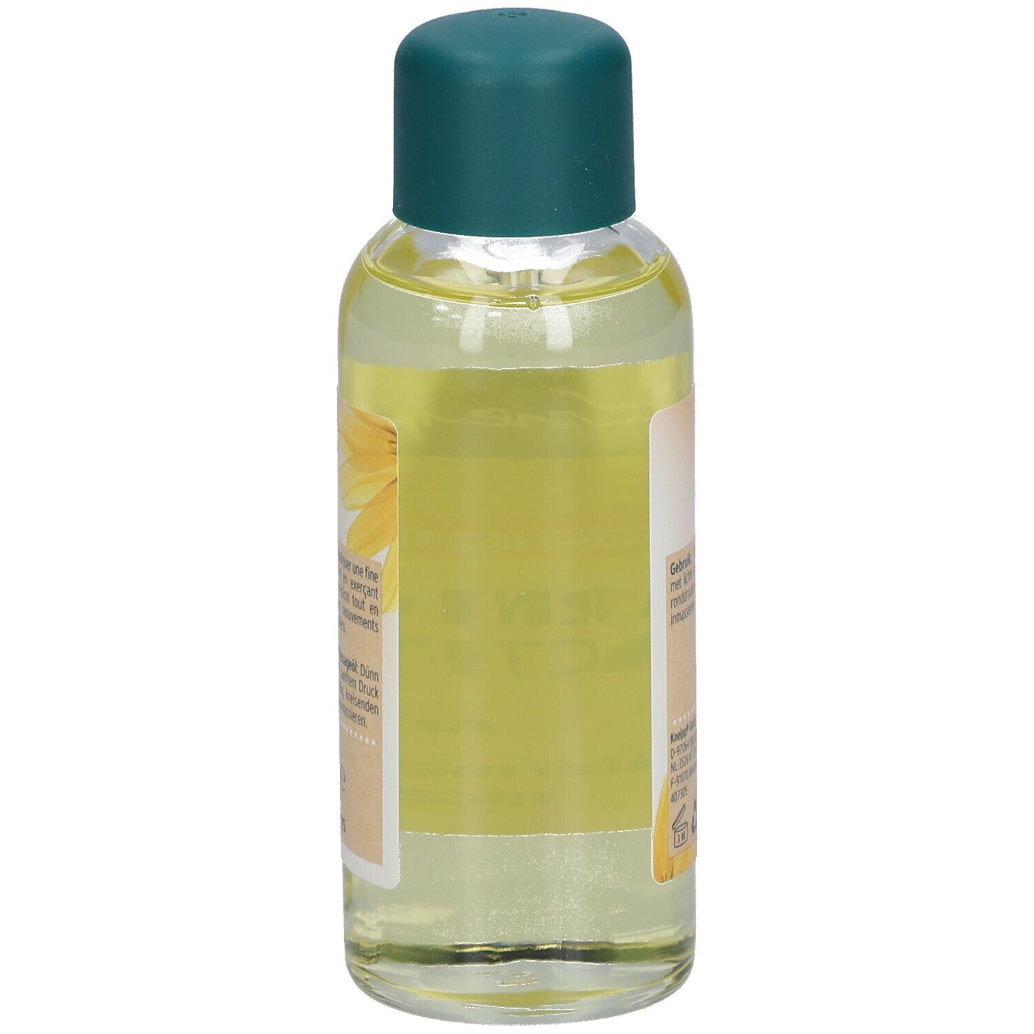 Dos de la bouteille d'huile de massage Kneipp Arnica Active. Étiquette avec informations et texte multilingue.