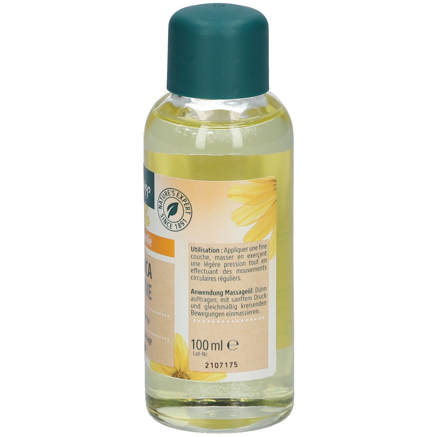Dos de la bouteille d'huile de massage Kneipp Arnica Active. Étiquette avec informations, texte et indication de volume.