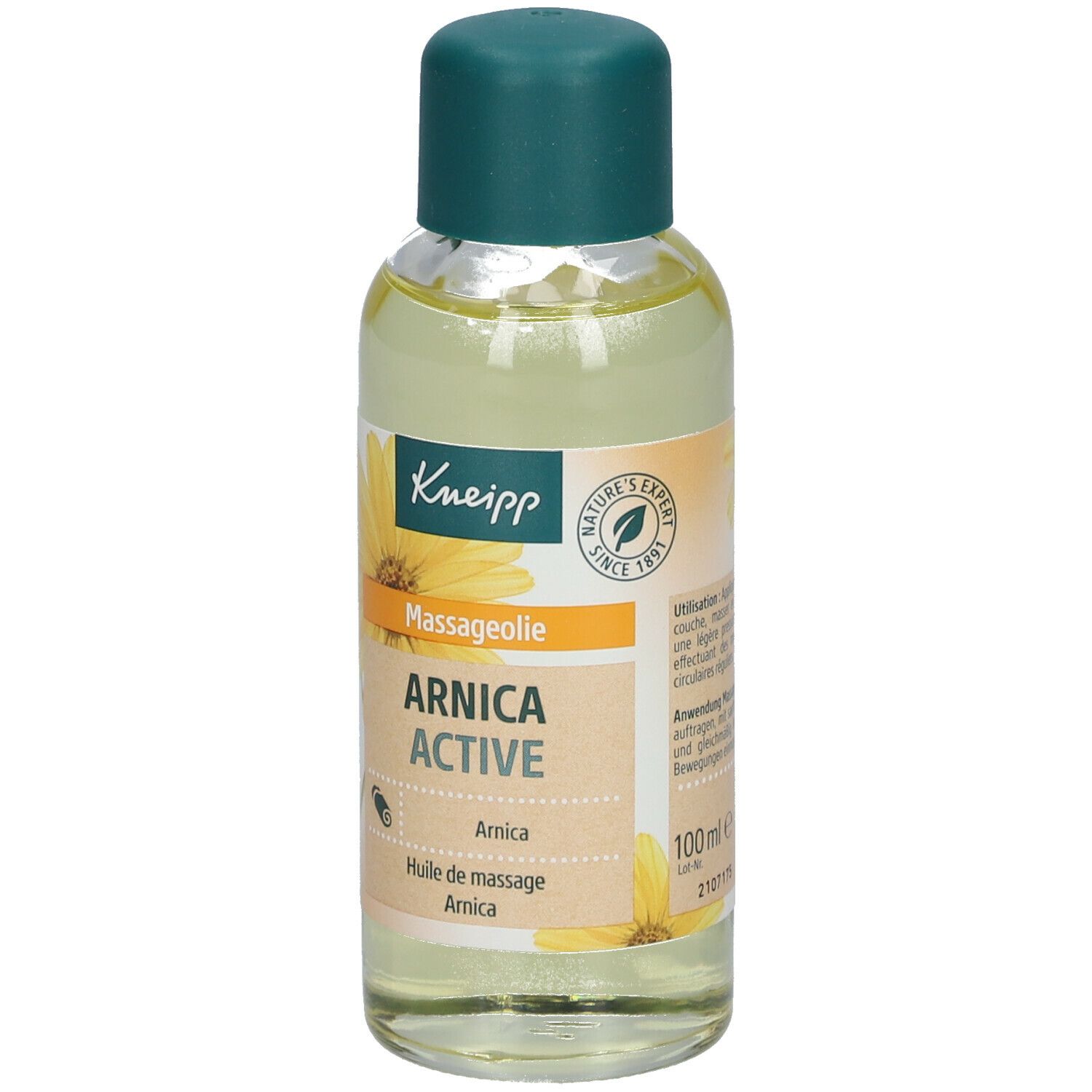 Bouteille d'huile de massage Kneipp Arnica Active. Étiquette avec nom du produit, ingrédients et logo. Bouchon vert.