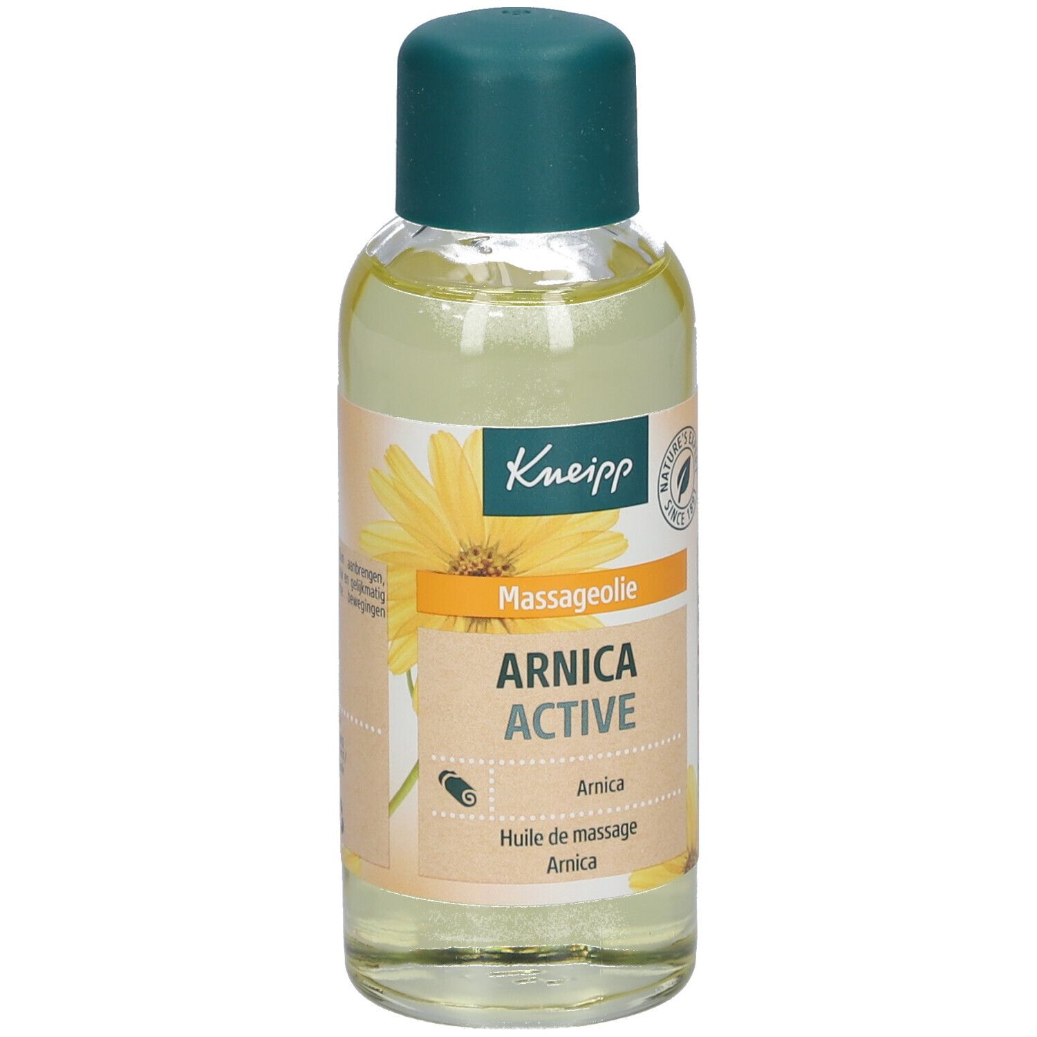 Bouteille d'huile de massage Kneipp Arnica Active. Étiquette avec nom du produit, ingrédients et logo. Bouchon vert.