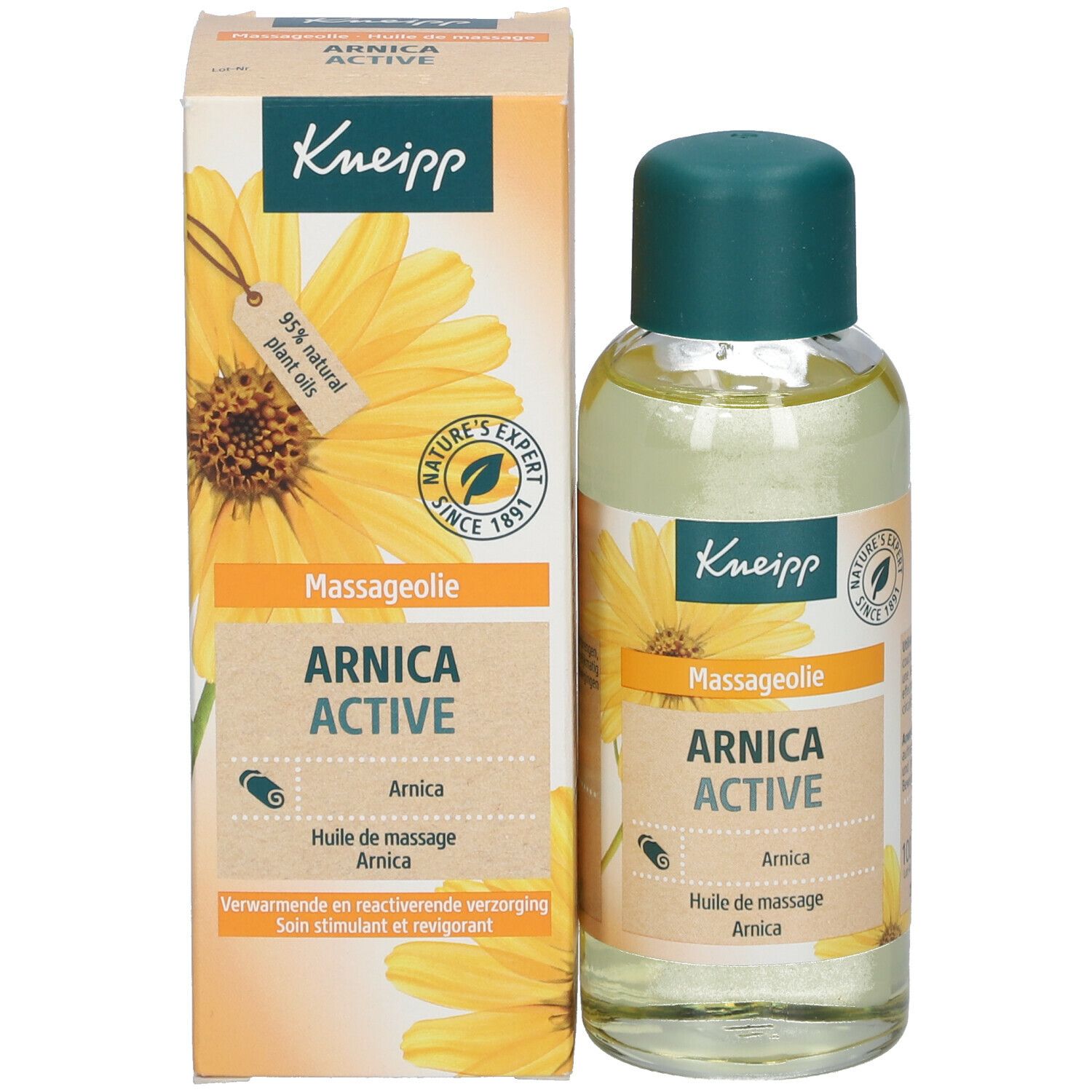 Bouteille et emballage Kneipp Arnica Active. Bouteille avec bouchon vert, emballage avec informations sur le produit.