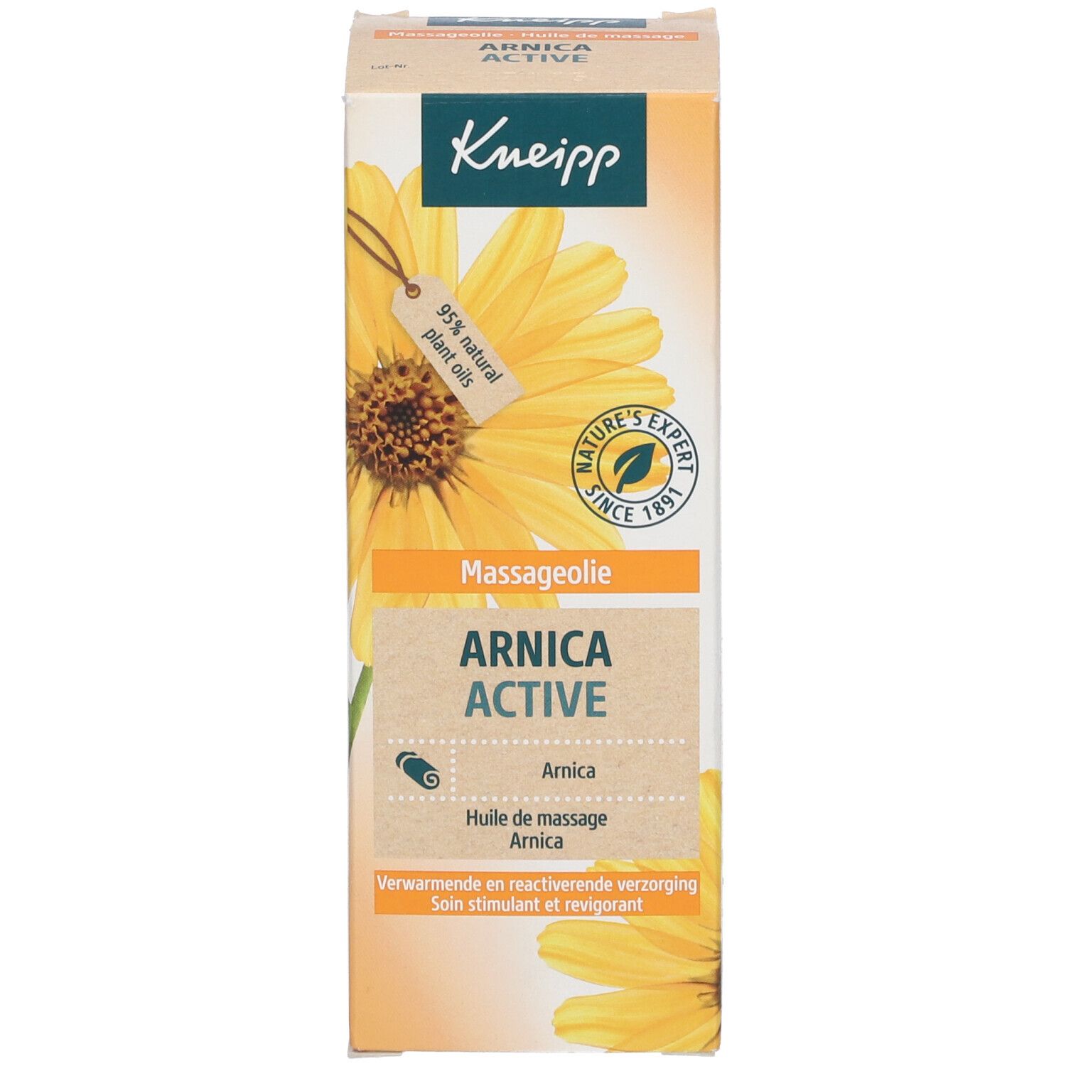Emballage Kneipp Arnica Active. Emballage rectangulaire avec informations sur le produit et logo.
