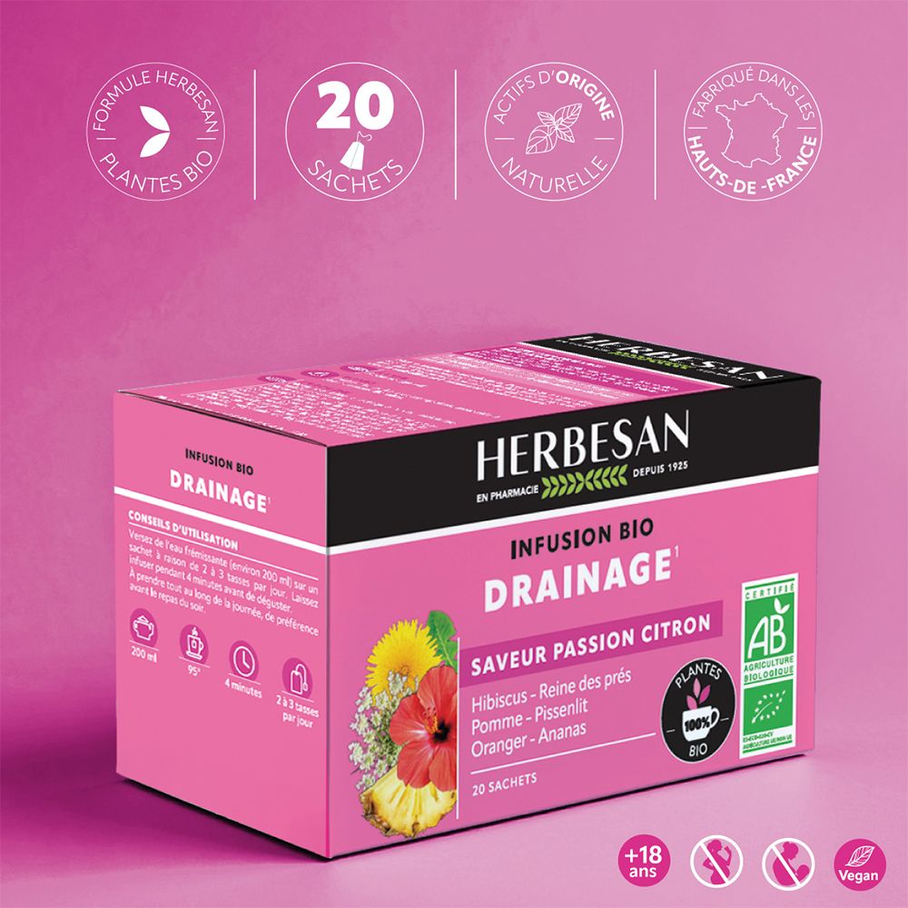 Boîte rose Herbesan® Infusion Bio Drainage. 20 sachets. Labels AB, +18 et Vegan.