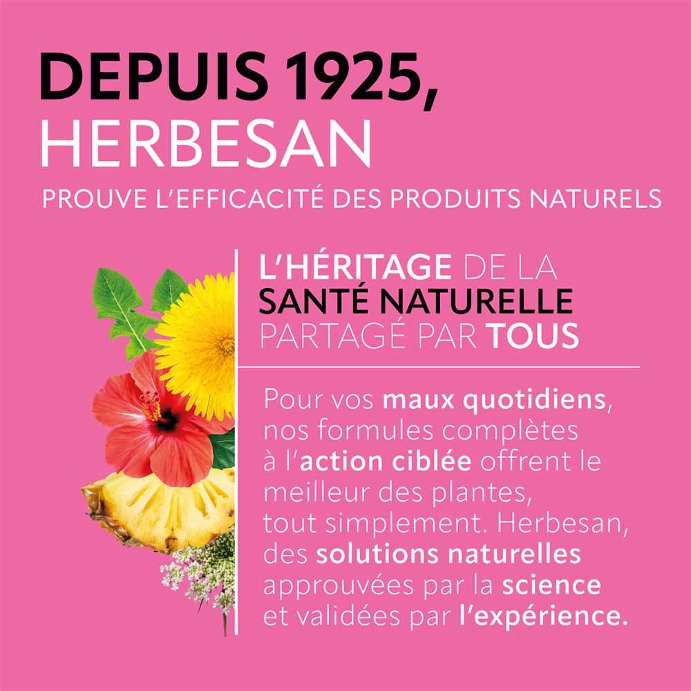 Fond rose avec texte. Herbesan® depuis 1925. Produits naturels. Texte sur l'efficacité et les bienfaits.
