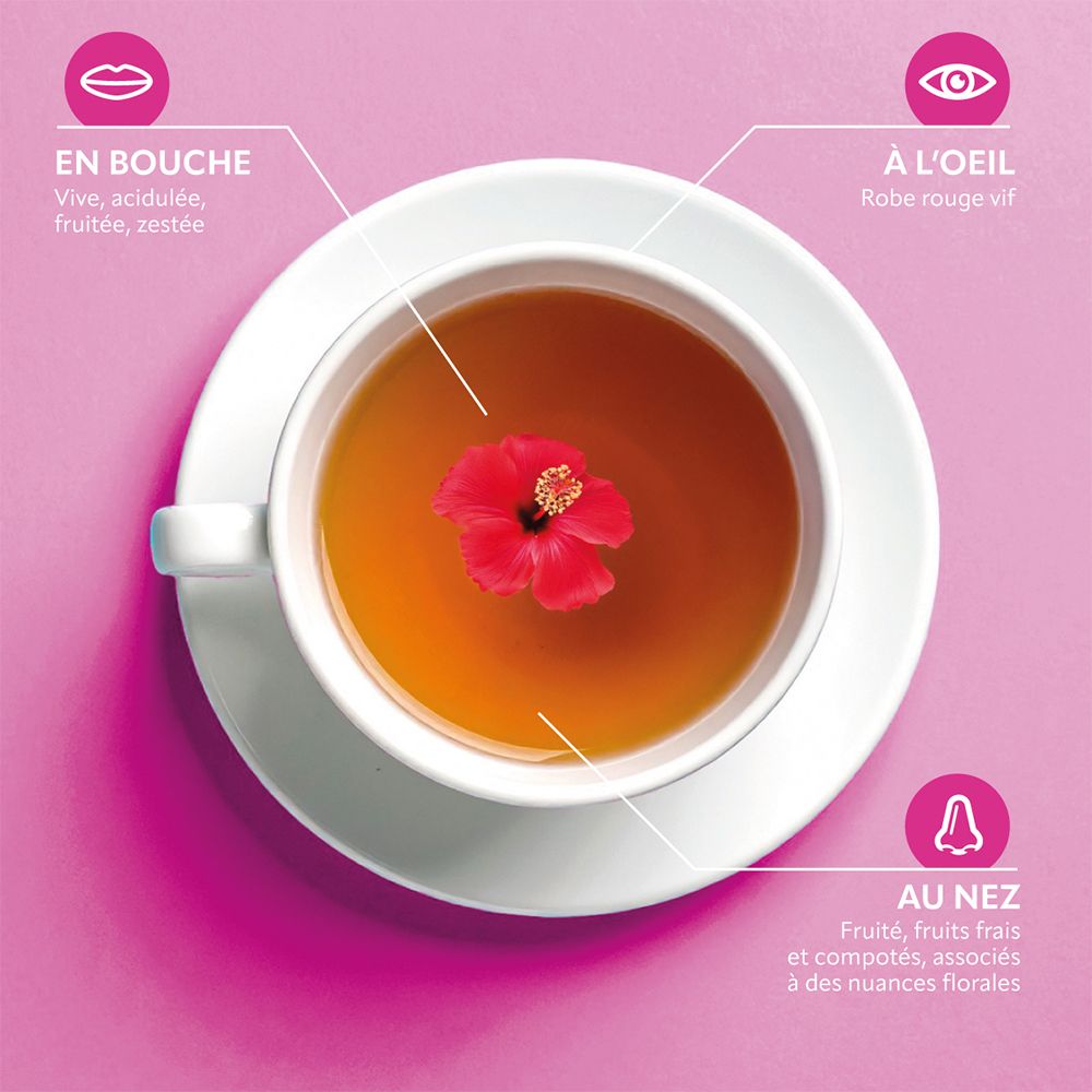 Tasse de thé avec fleur d'hibiscus. Descriptions: bouche, œil, nez. Arômes: fruité, citronné, vif, rouge.