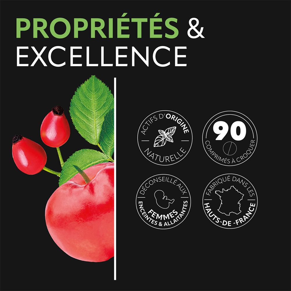 Graphique avec cynorrhodons rouges, feuilles et une pomme. Logos: Ingrédients naturels, 90 comprimés, déconseillé aux femmes enceintes/allaitantes, fabriqué en France.