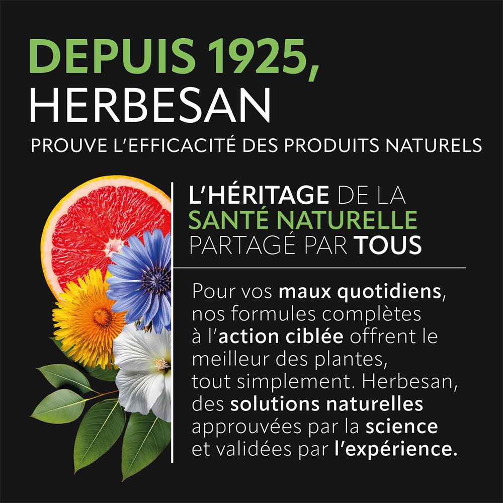 Texte: Depuis 1925, Herbesan. Santé naturelle. Graphique avec fleurs. Texte: solutions validées par la science.