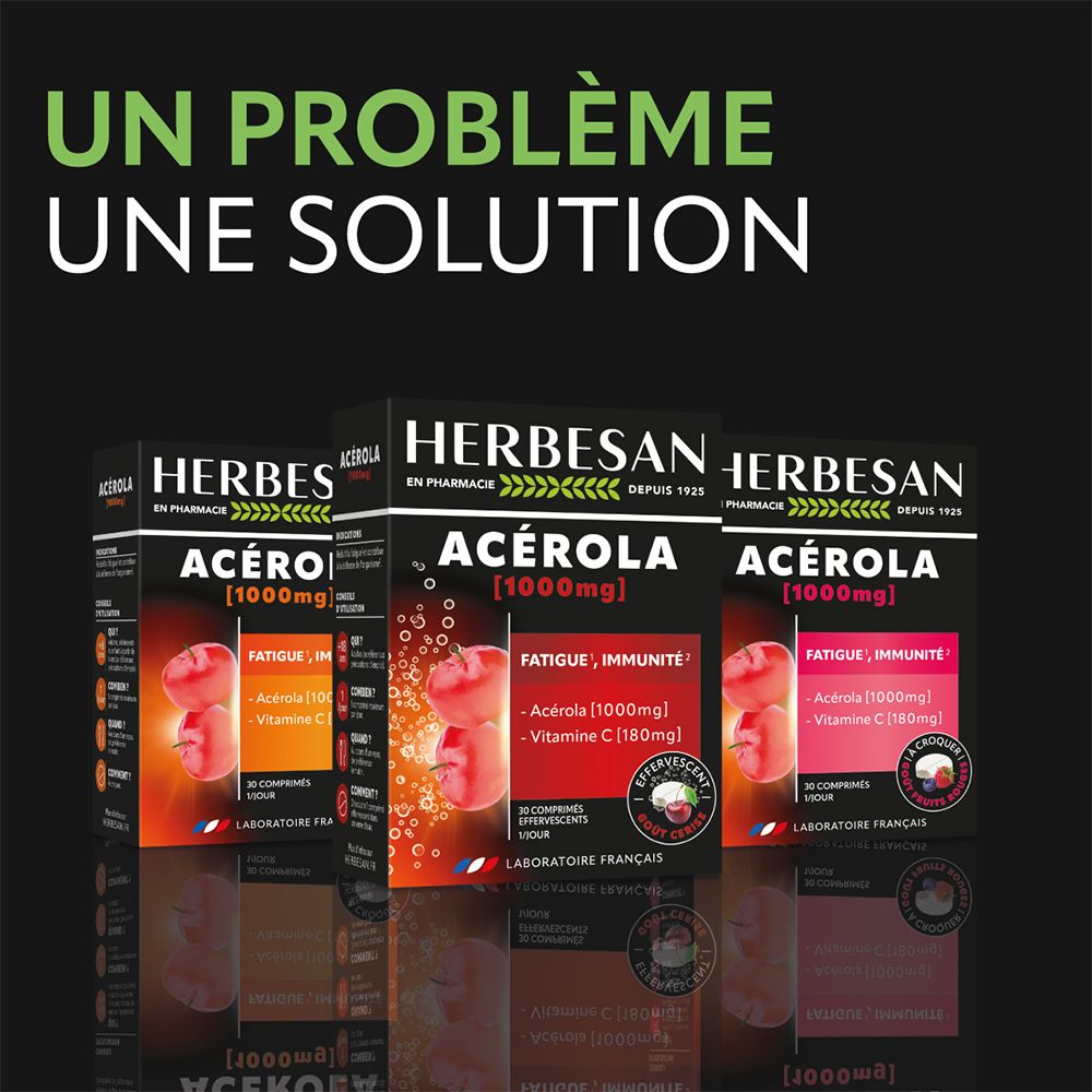 Trois emballages de produits côte à côte. Herbesan Acérola [1000mg]. Texte: Fatigue, Immunité. Vitamine C. Laboratoire Français.