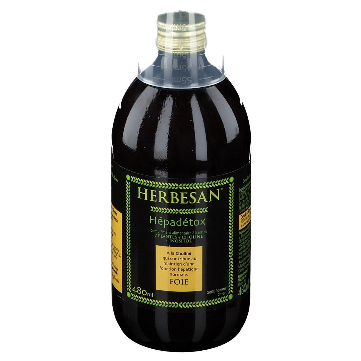 Flacon en verre contenant un liquide brun. Étiquette jaune avec inscription Herbesan Hépadetox, 480ml.