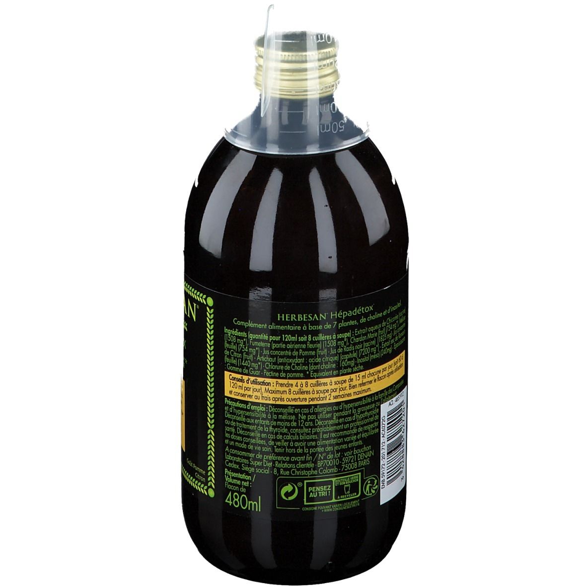 Dos d'une bouteille en verre contenant un liquide brun. Étiquette jaune avec informations produit et code-barres.
