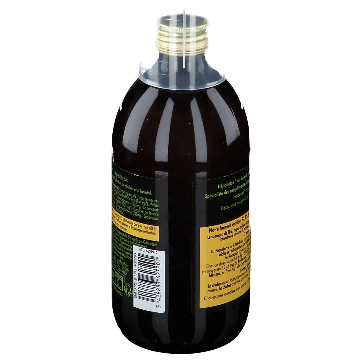 Bouteille en verre avec liquide brun, étiquette avec informations produit et code-barres. Vue arrière.