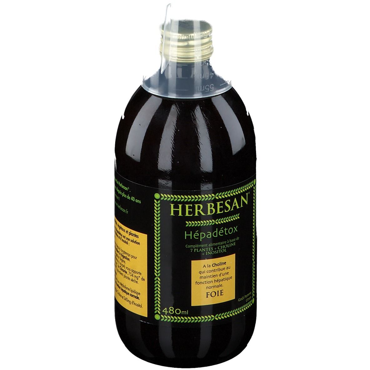 Bouteille en verre avec liquide brun et étiquette jaune. Inscription: Herbesan Hépadetox, 480ml.