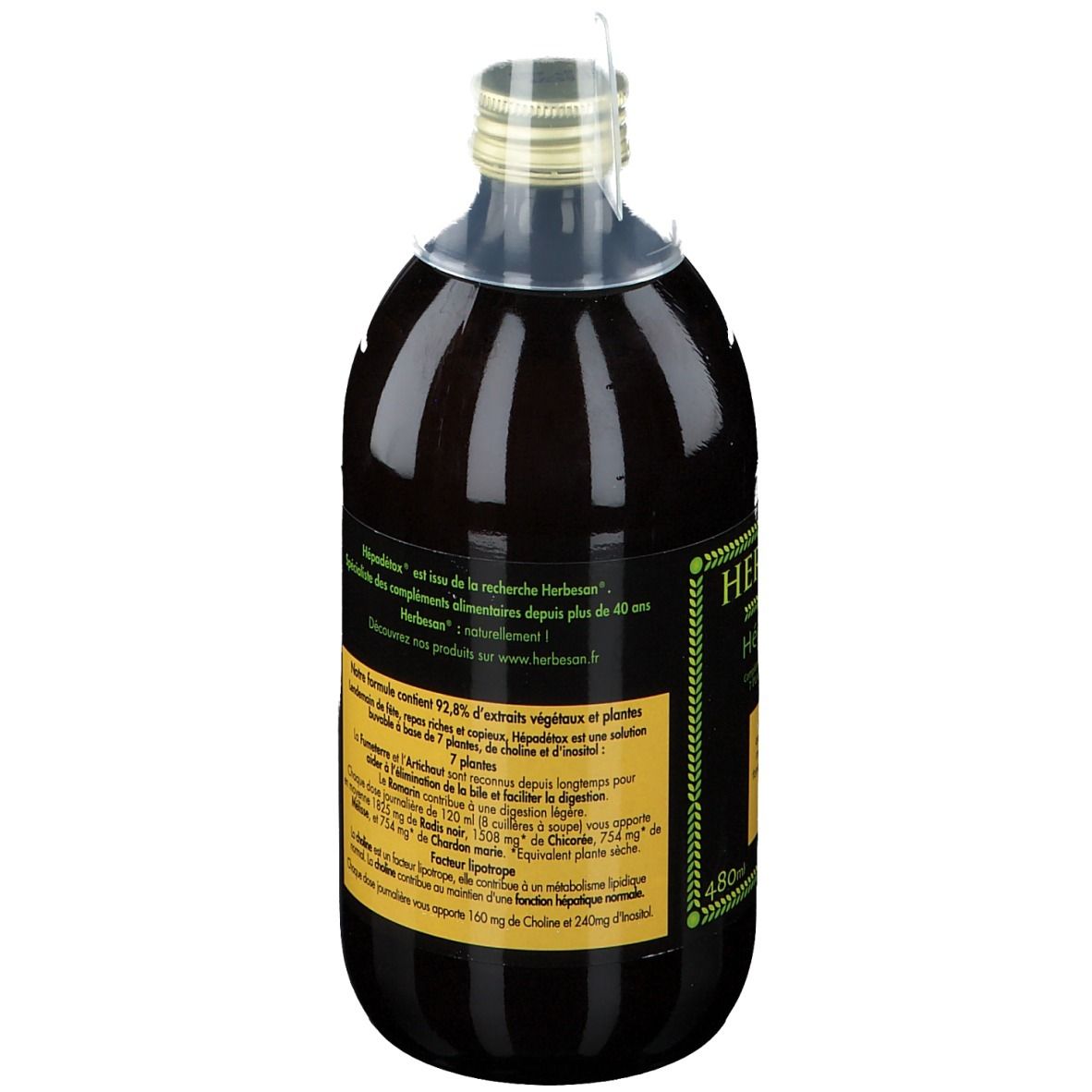 Bouteille en verre avec liquide brun, étiquette jaune avec informations produit. Vue de côté.