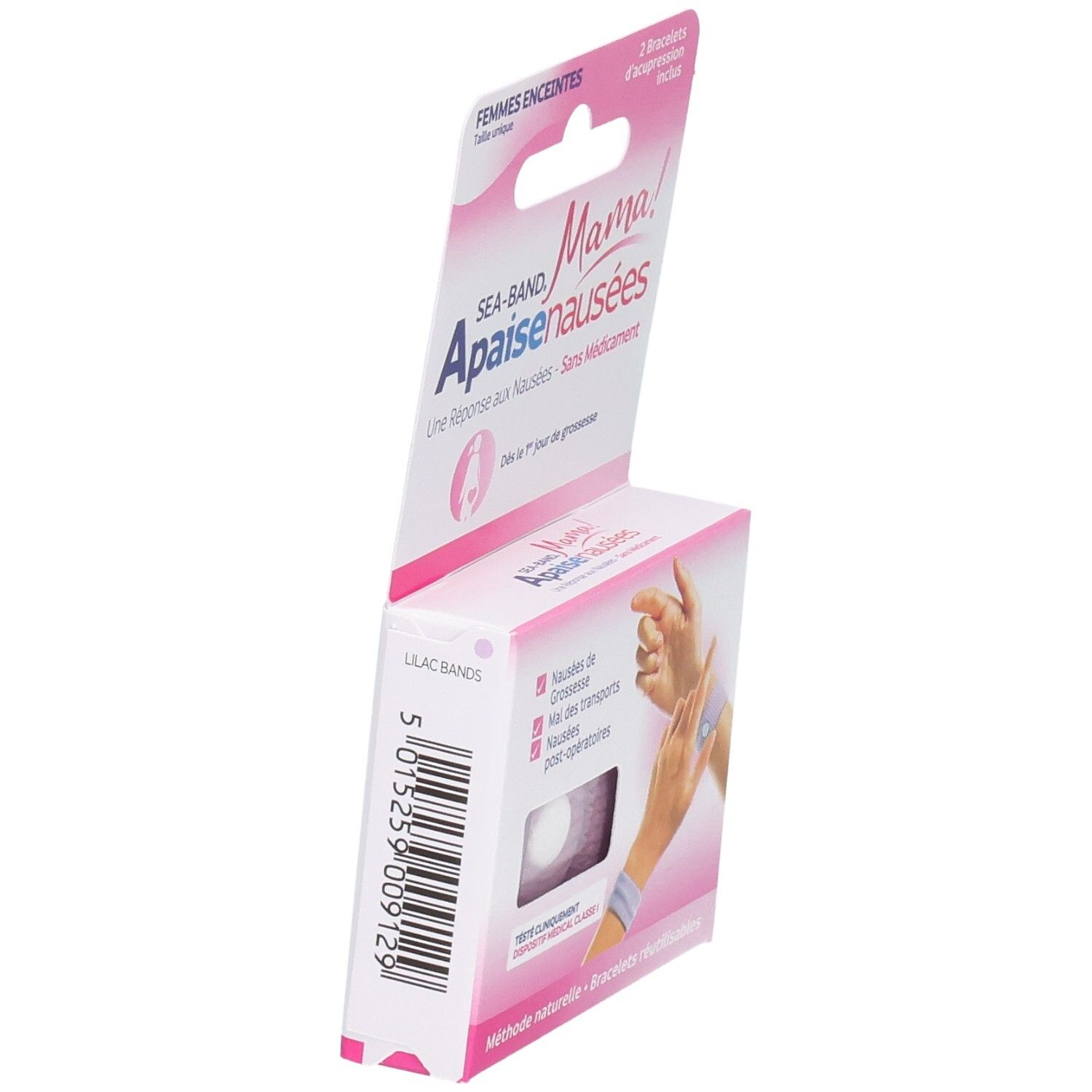 Vue latérale de l'emballage de 2 bracelets d'acupression anti-nausées.