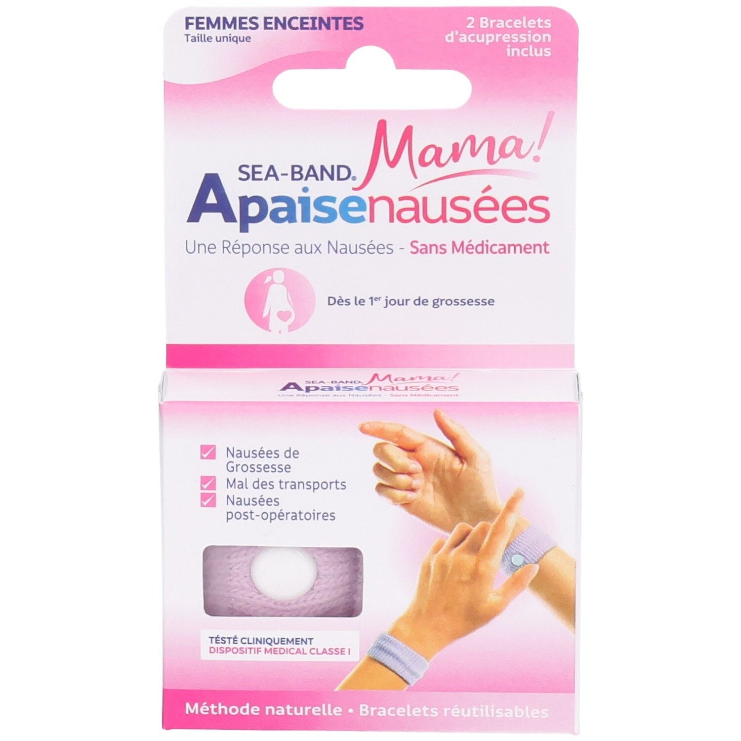 Emballage de 2 bracelets d'acupression anti-nausées pour femmes enceintes.
