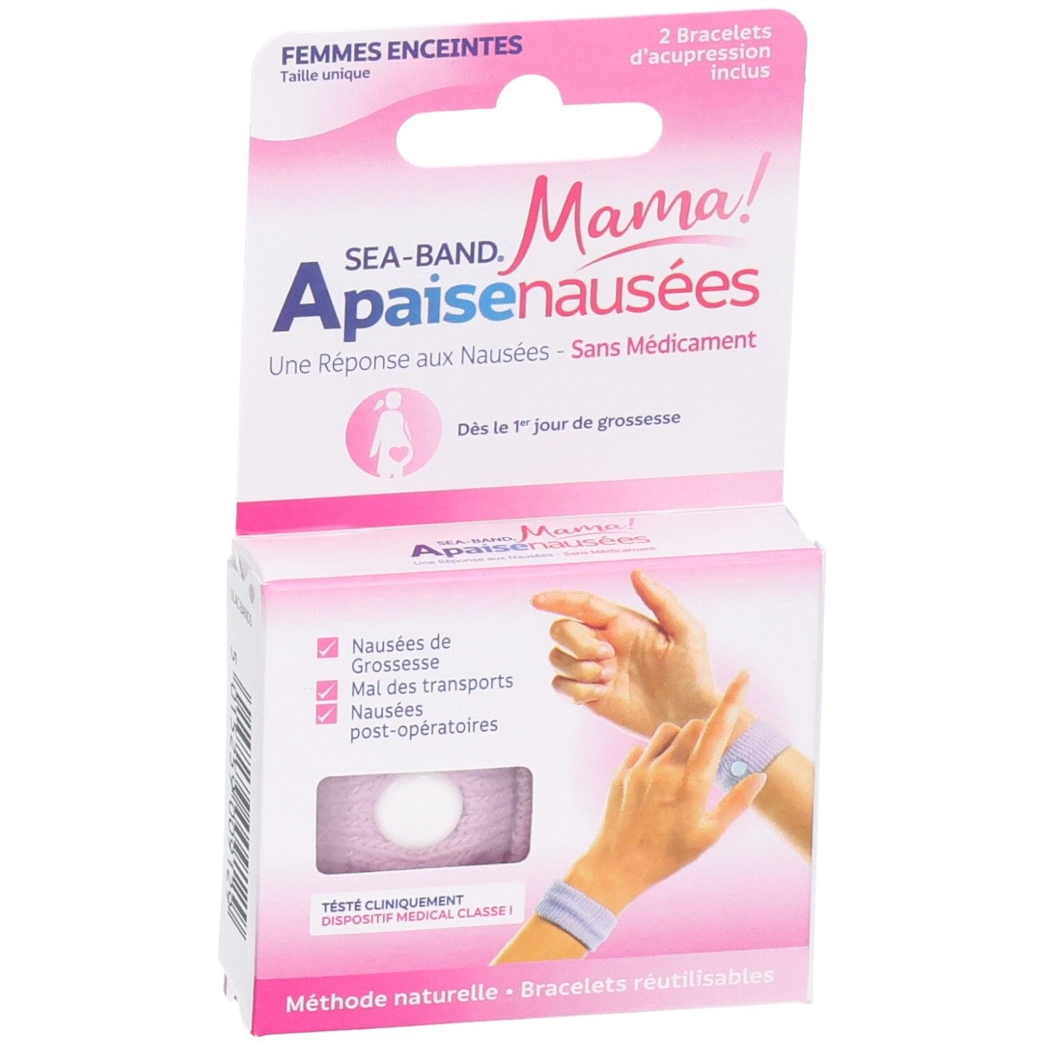 Emballage de 2 bracelets d'acupression anti-nausées pour femmes enceintes.