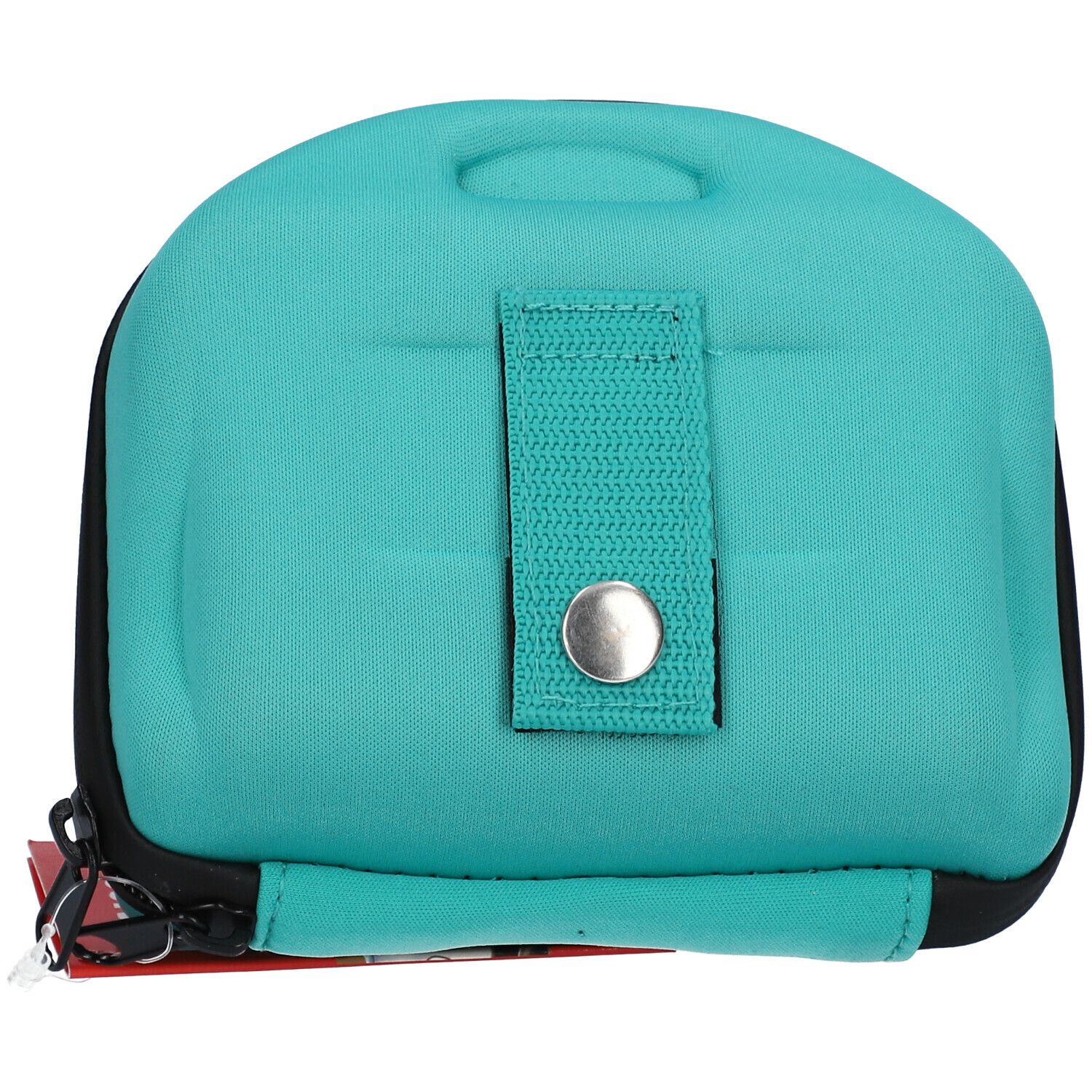 Trousse turquoise rembourrée, bord noir. Avec poignée et patte de fermeture à bouton-pression. Fermeture éclair visible.