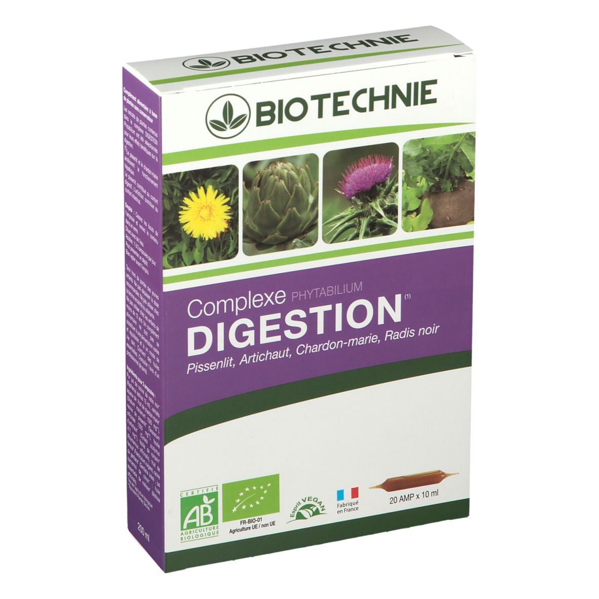 Boîte de BIOTECHNIE Complexe Digestion Bio Ampoules. Inscriptions: BIOTECHNIE, Complexe Digestion, label AB, 20 ampoules.