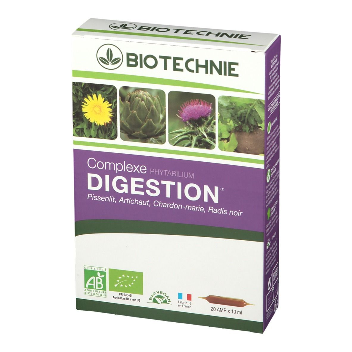 Boîte de BIOTECHNIE Complexe Digestion Bio Ampoules. Inscriptions: BIOTECHNIE, Complexe Digestion, label AB, 20 ampoules.