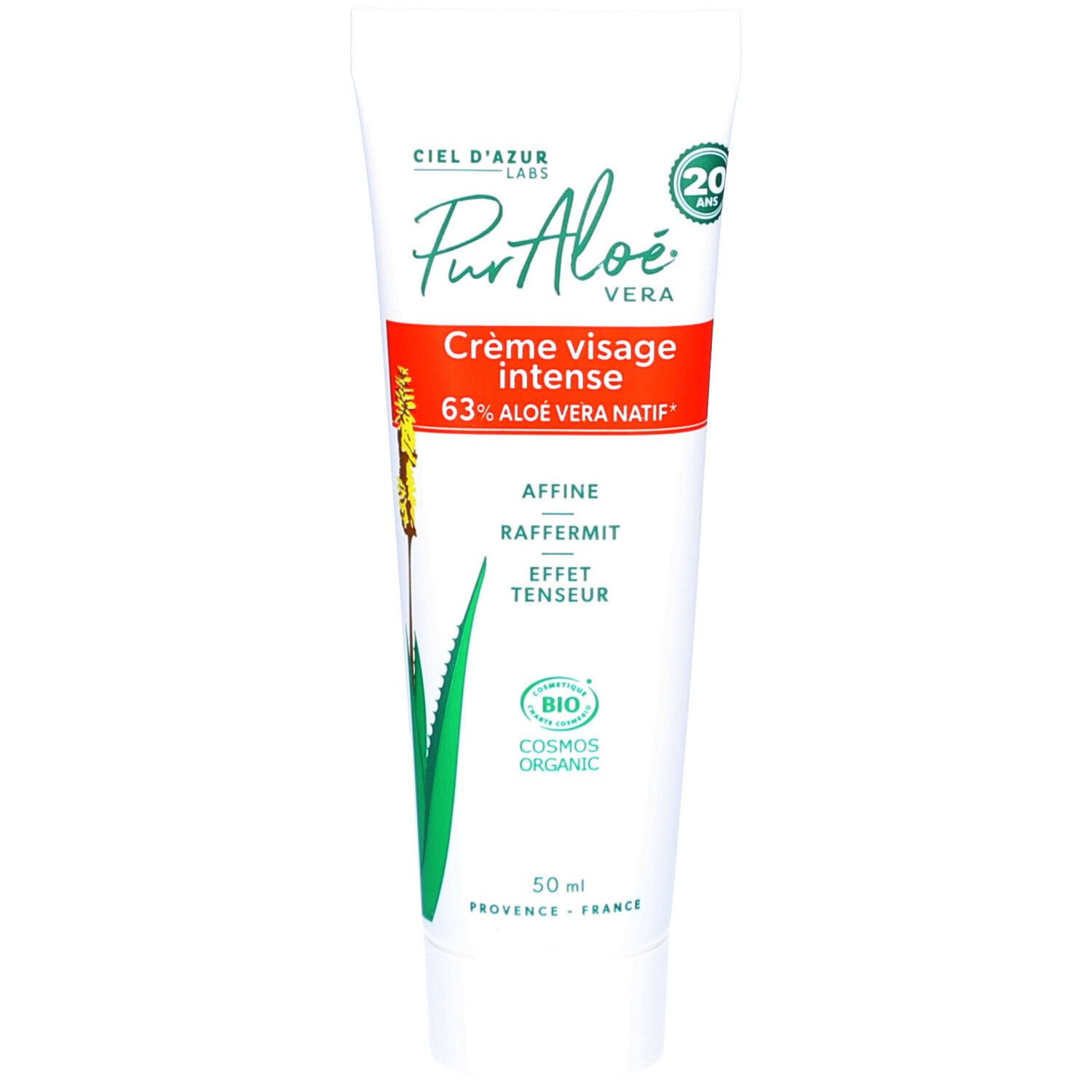 Tube blanc et vert CIEL D'AZUR PurAloé Crème Intense. Inscription rouge "Crème visage intense". Logo "BIO COSMOS ORGANIC".