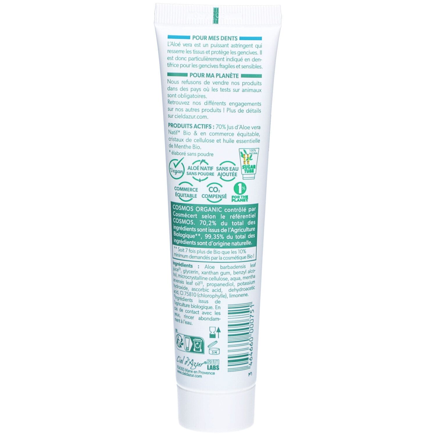 Dos du tube de dentifrice CIEL D'AZUR PurAloé. Texte en français. Certification bio et ingrédients.