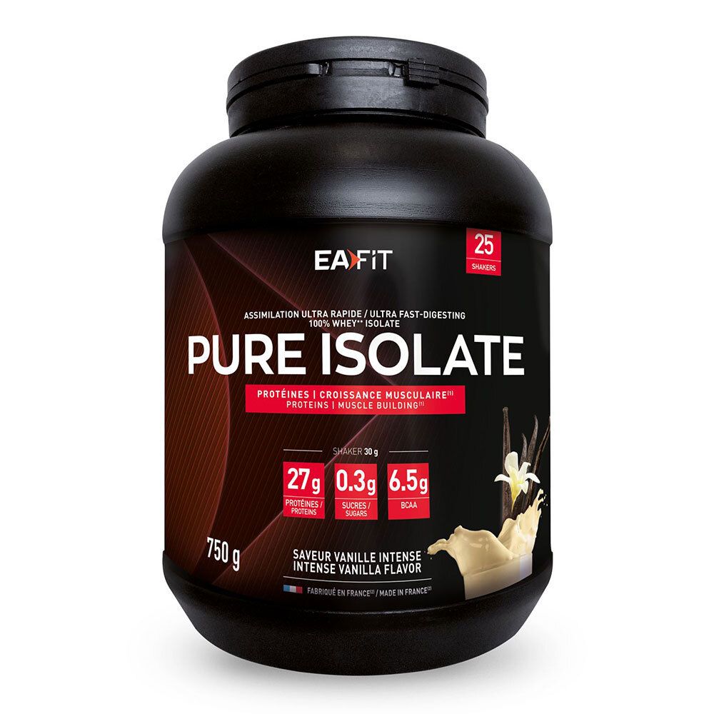 Pot noir EA Fit Pure Isolate Vanille. 750g. 27g protéines, 0,3g sucres, 6,5g BCAA. 25 portions. Saveur vanille intense.