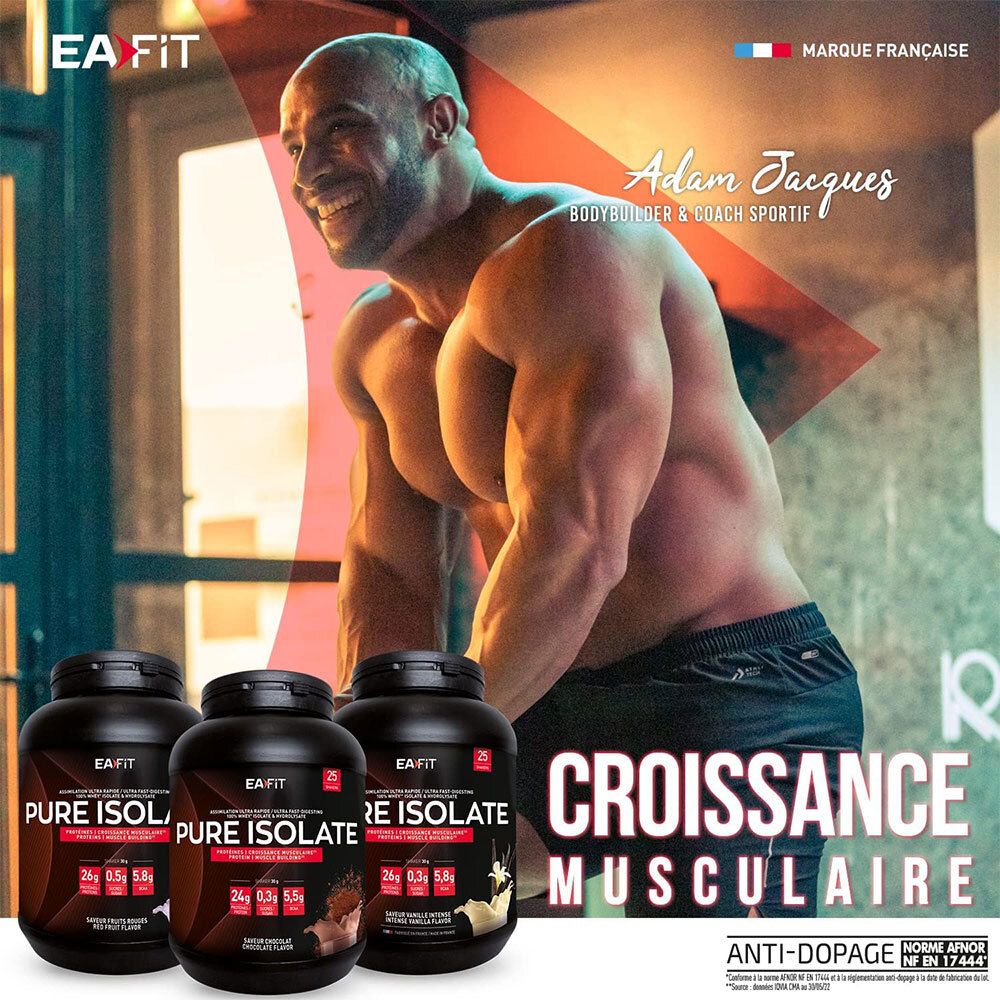 Trois pots EA Fit Pure Isolate Vanille à côté d'un homme. Texte : 'Croissance musculaire'. Certification anti-dopage.