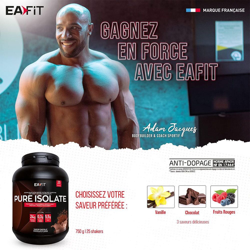 Homme avec EA Fit Pure Isolate. Choix de saveurs : vanille, chocolat, fruits rouges. Certification anti-dopage.