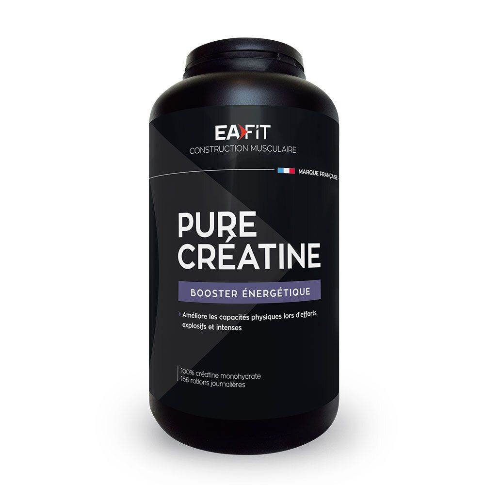 Pot noir EA-Fit Pure Créatine. Texte: Pure Créatine, Booster Energétique. Drapeau français.