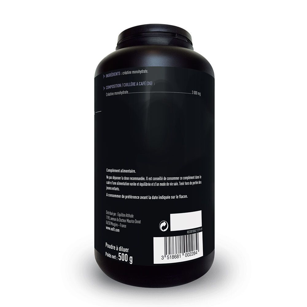 Dos d'un pot noir EA-Fit Pure Créatine. Texte: 500 g, code-barres. Français.