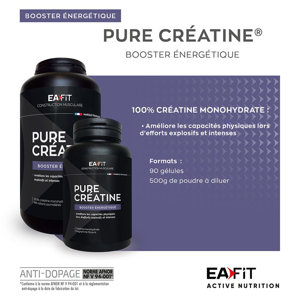 Deux contenants EA-Fit Pure Créatine. Texte: 100% Créatine Monohydrate. 90 gélules, 500g poudre.