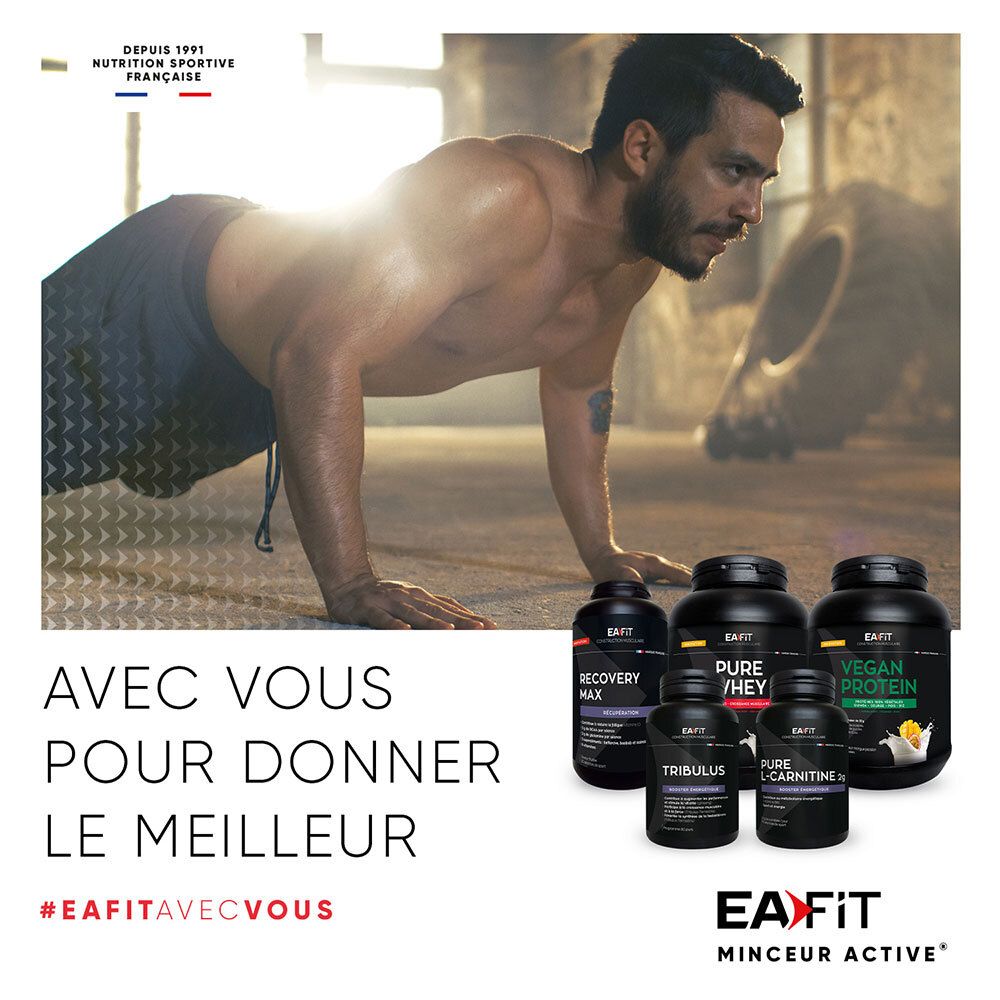 Homme s'entraînant. Produits EA-Fit: Recovery Max, Pure Whey, Tribulus, L-Carnitine, Vegan Protein.