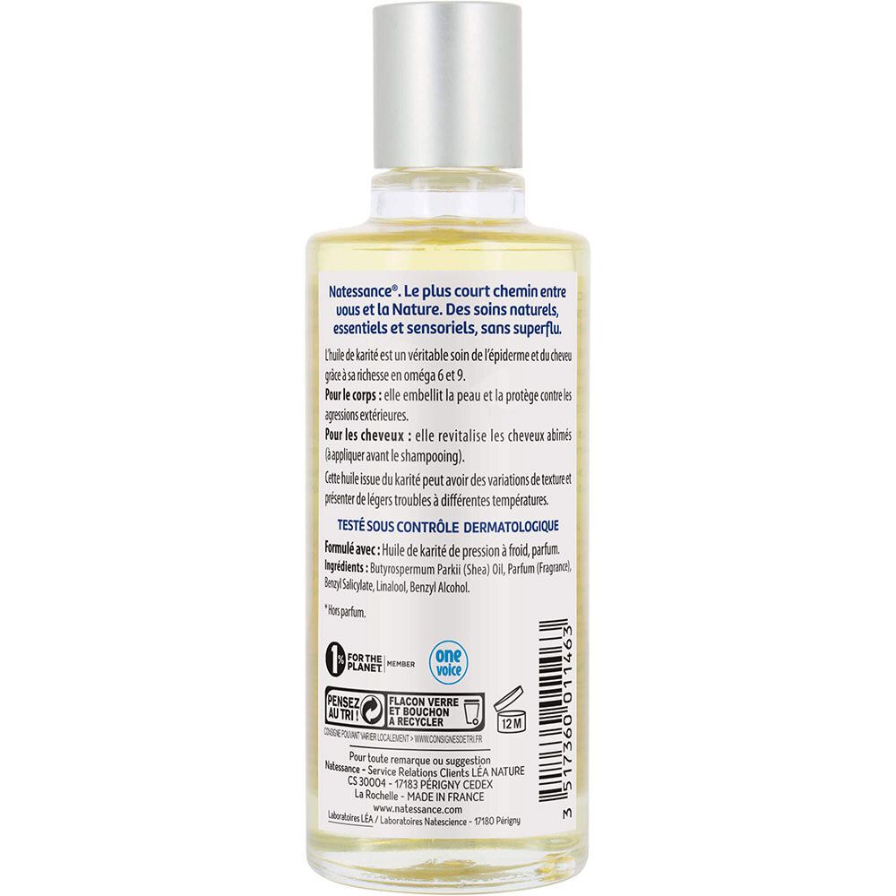 Dos du flacon. Texte avec ingrédients, test dermatologique et symboles de recyclage.