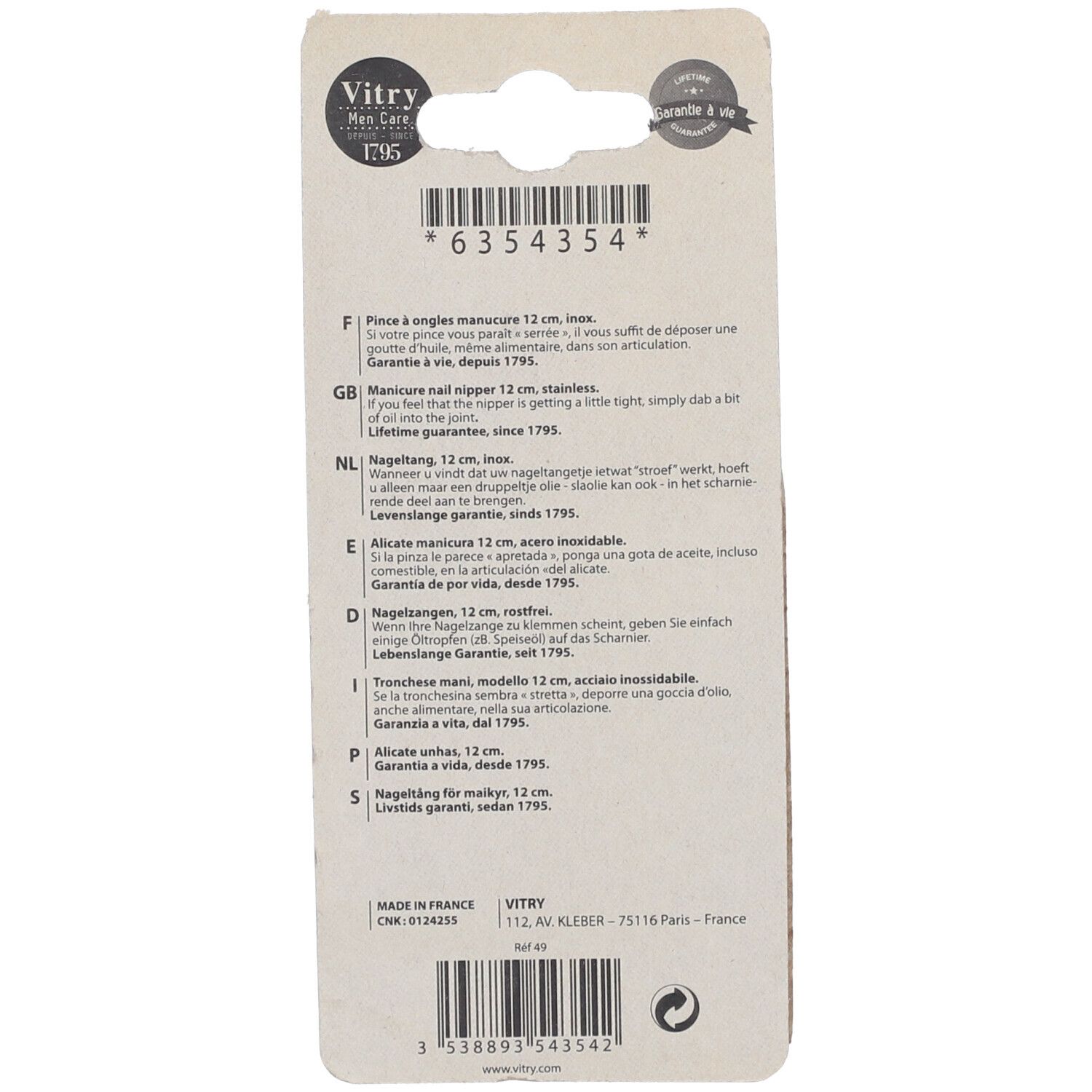 Dos de l'emballage de la pince à ongles. Texte multilingue, dont allemand, français, italien et néerlandais. Logo Vitry.