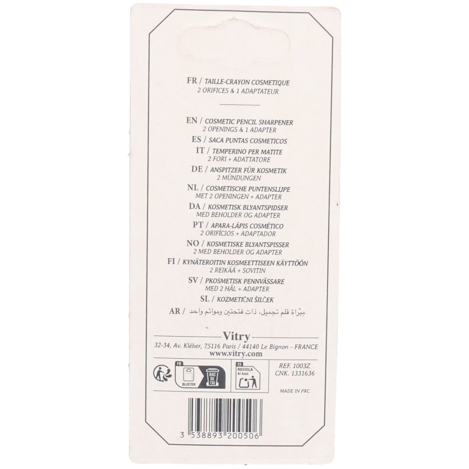 Dos de l'emballage. Informations produit multilingues. Marque Vitry, adresse et code-barres.