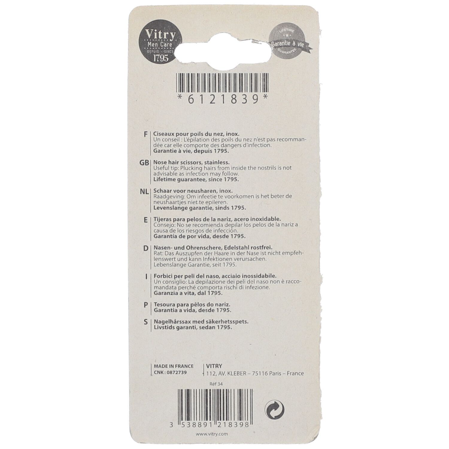 Dos de l'emballage blister avec informations produit et code-barres. Marque Vitry, "Made in France".