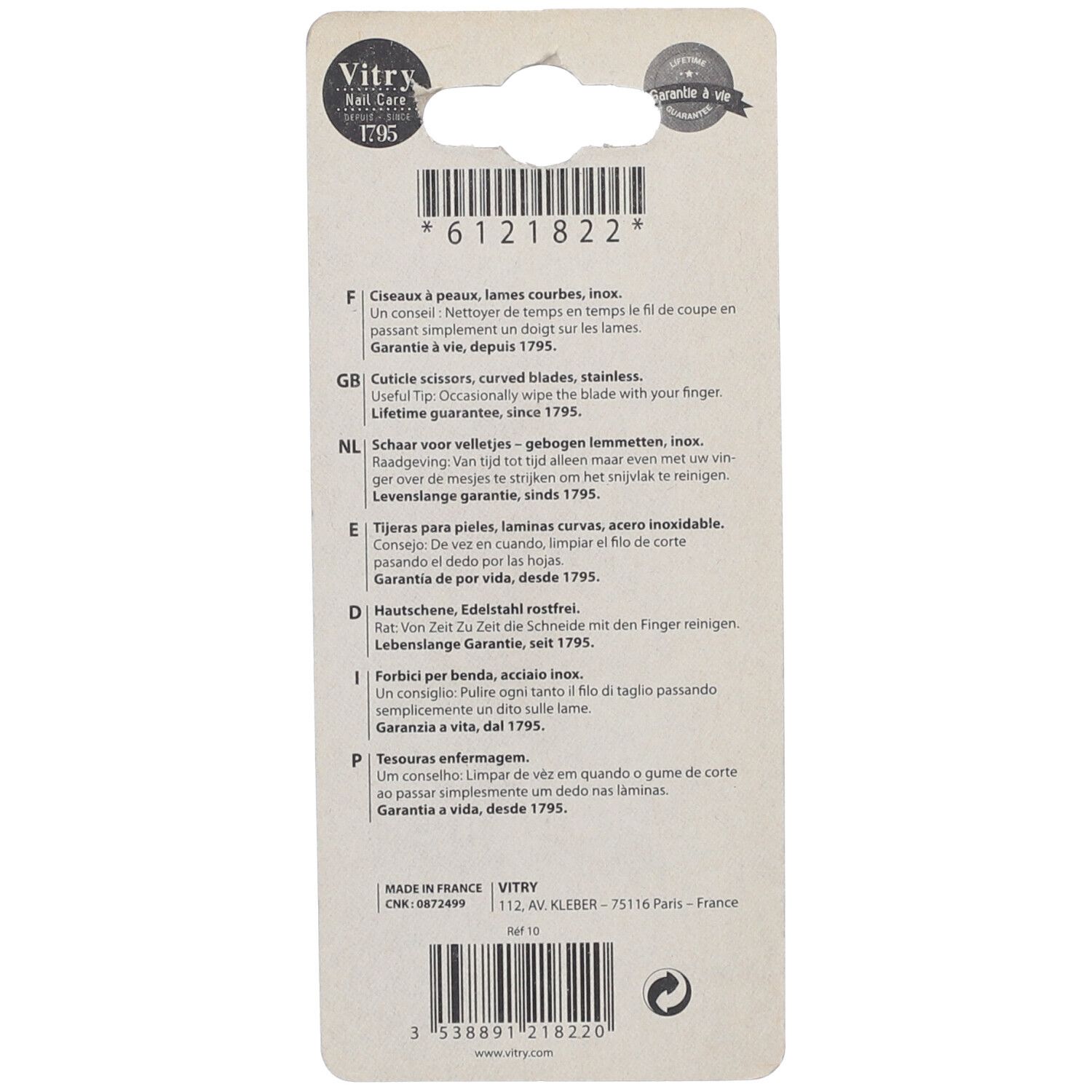 Dos de l'emballage blister avec informations produit et code-barres. Texte multilingue.